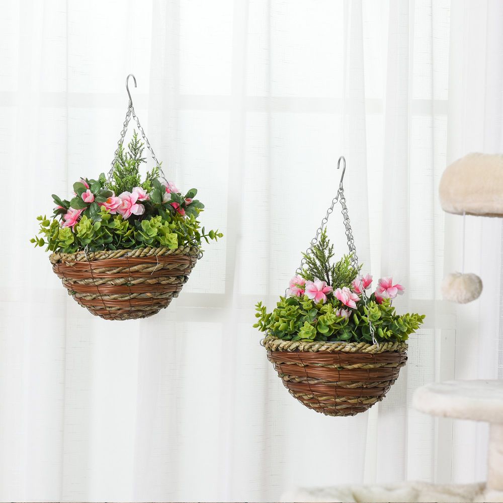 Pack of 2 Artificial Lisianthus Flowers Hanging Planter with Basket - anydaydirect