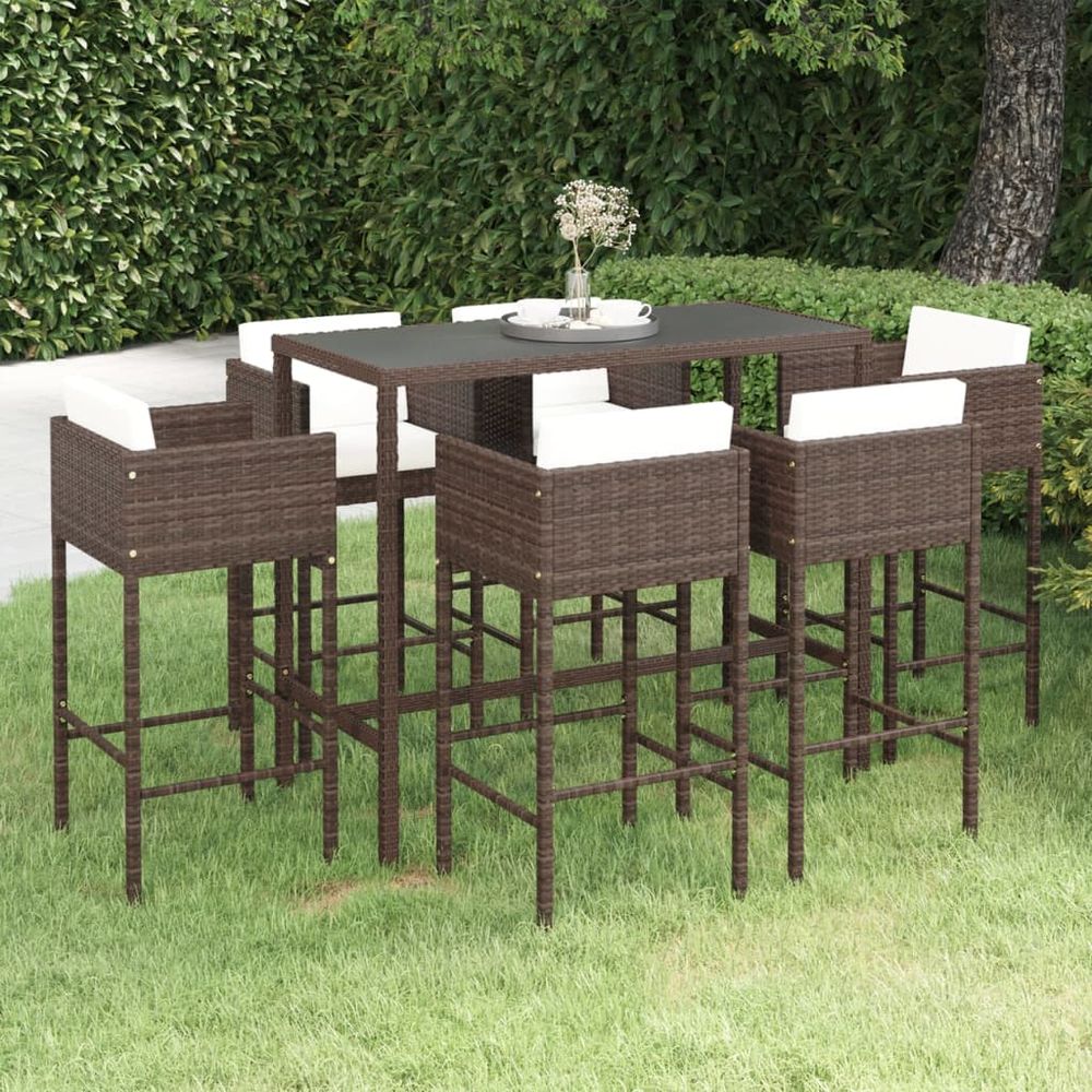 7 Piece Garden Bar Set with Cushions Poly Rattan Brown - anydaydirect
