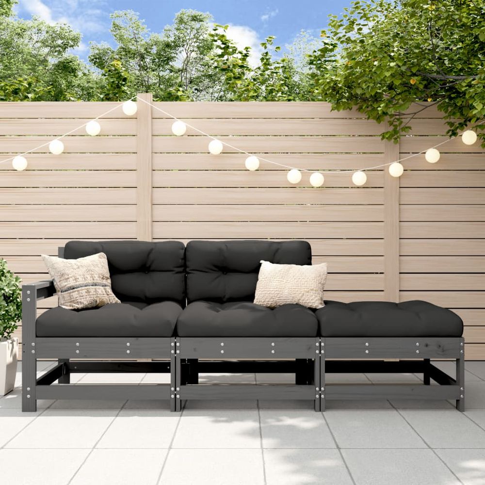 vidaXL 3 Piece Garden Lounge Set with Cushions Grey Solid Wood - anydaydirect