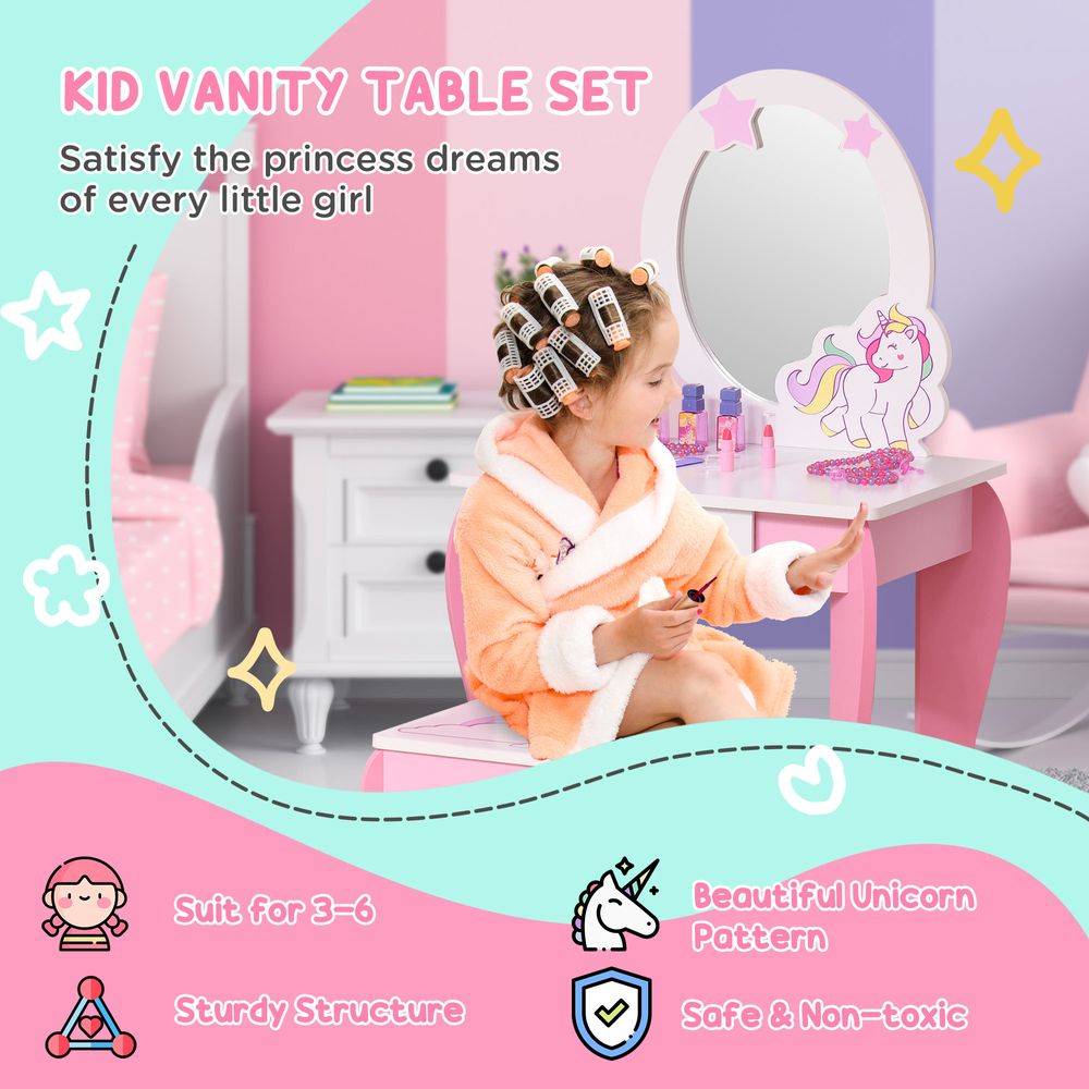 Kids Dressing Table, Girls Vanity Set w/ Mirror and Stool, Unicorn-Designed - anydaydirect