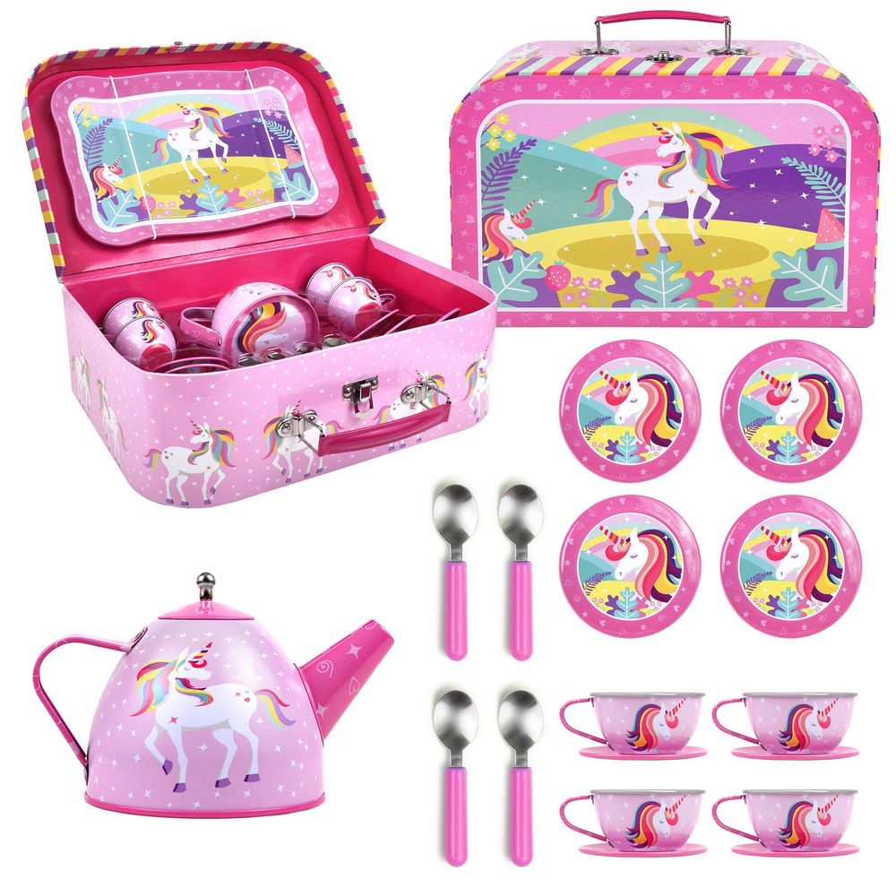 SOKA Unicorn 18 Pcs Metal Tea Set & Carry Case Toy for Kids Children Role Play - anydaydirect