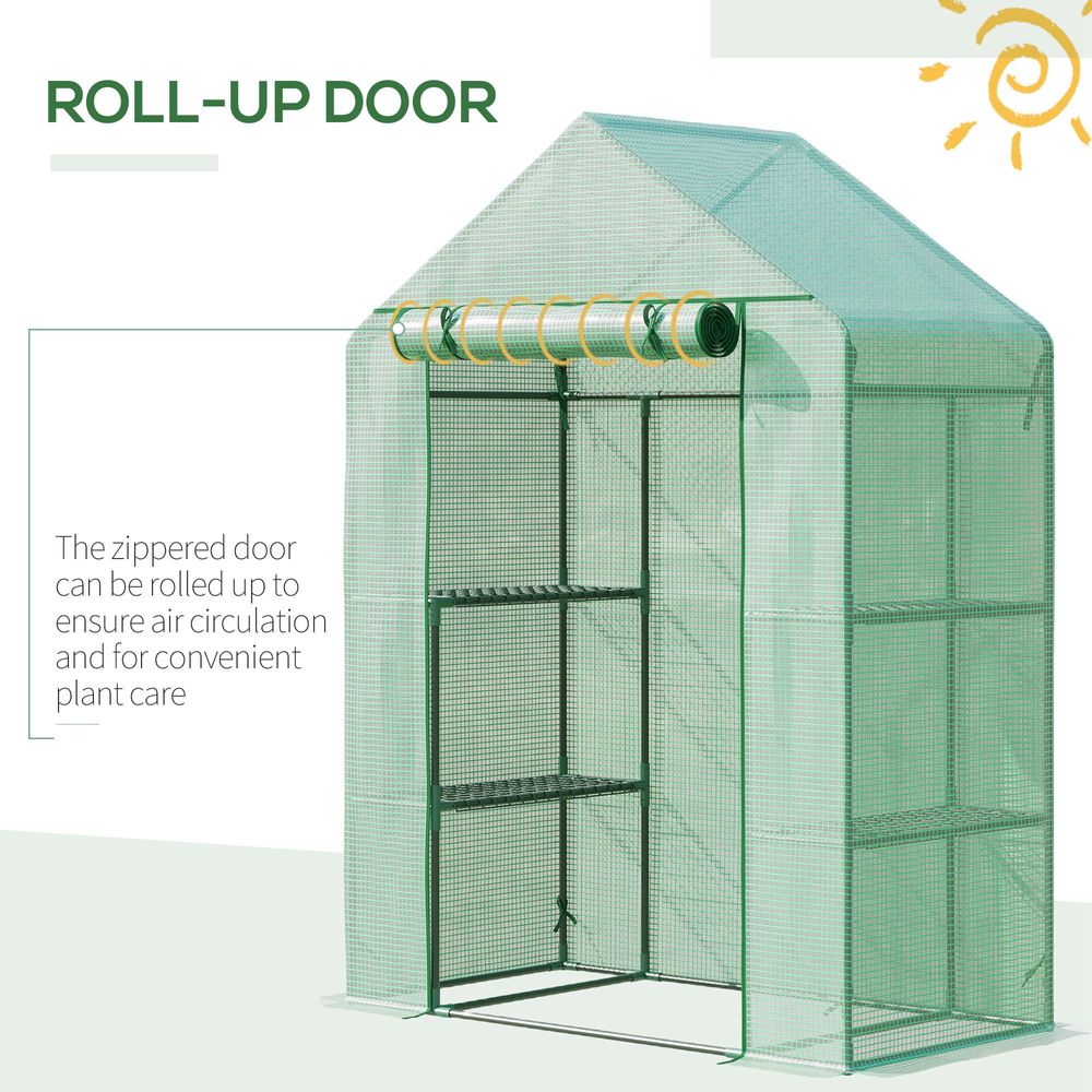 WalkIn Greenhouse 2 Tier Shelf, Roll-Up Door, PE Cover, 141x72x191cm, Green - anydaydirect