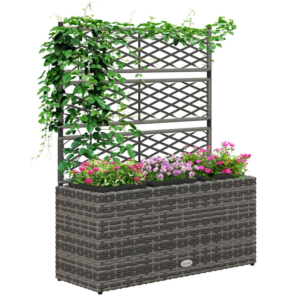 Outsunny Garden PE Rattan Planter Box w/ Trellis Flower Raised Bed, 84x30x107cm - anydaydirect