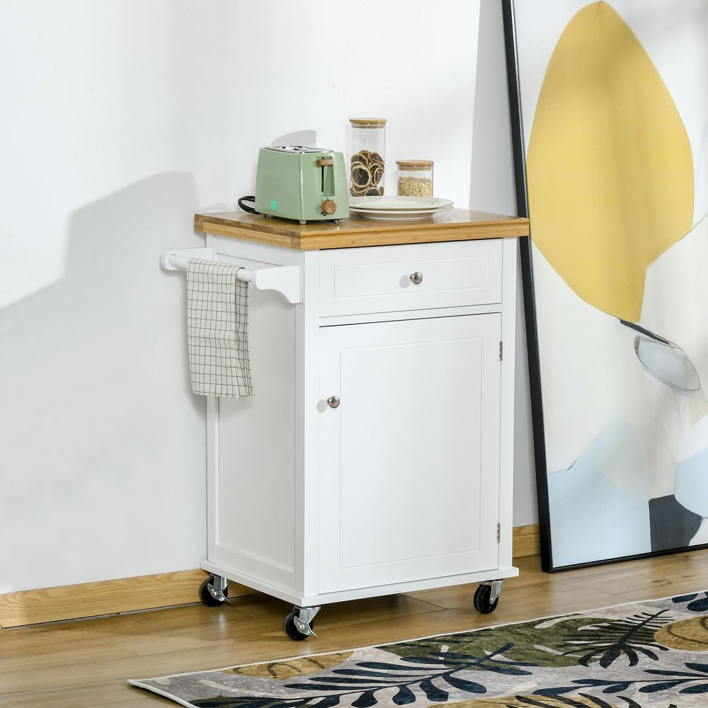 Rolling Kitchen Cart Storage Trolley with Drawer Towel Rail White - anydaydirect