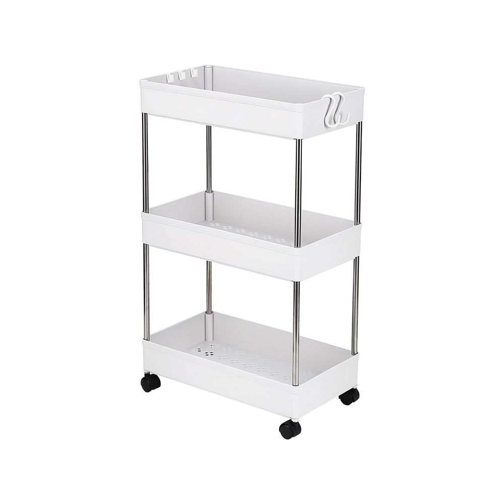 3-Layer Mobile Multi-functional Storage Cart,Suitable for Kitchen, Bathroom, Laundry Room Narrow Place, Plastic and Stainless Steel, White - anydaydirect