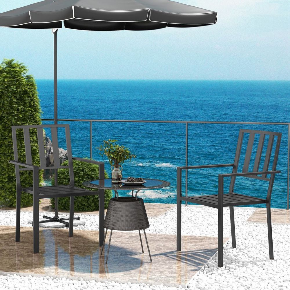 Outsunny 2 PCs Stackable Outdoor Garden Chairs with Metal Slatted Design, Black - anydaydirect