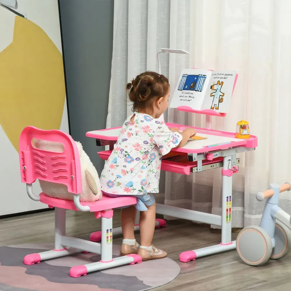Kids Study Desk and Chair Set w/ Adjustable Height, Storage Drawer - Pink - anydaydirect