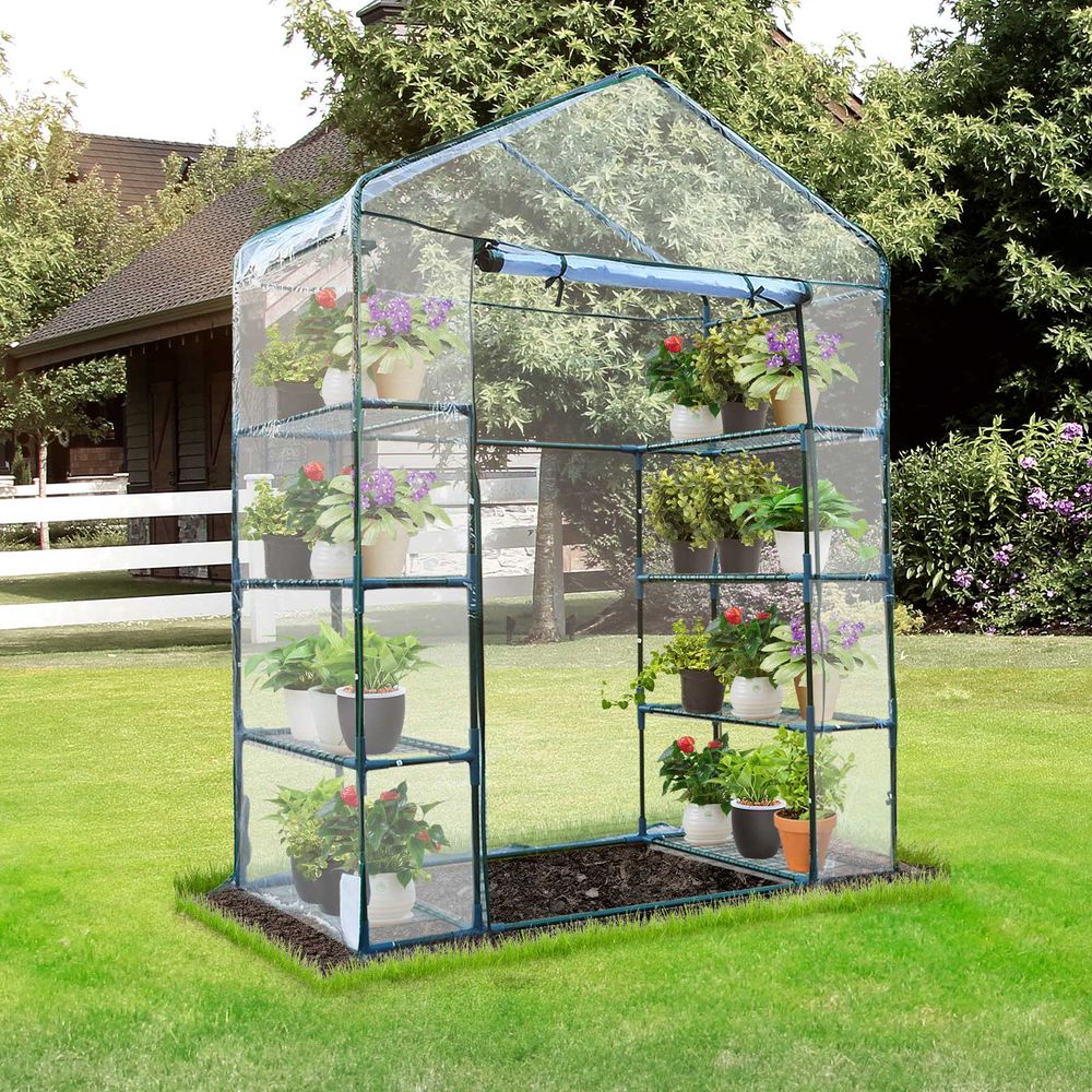 4 Tiers 8 Shelves Metal Frame Walk in Portable Greenhouse 143Lx73Wx195Hcm - anydaydirect