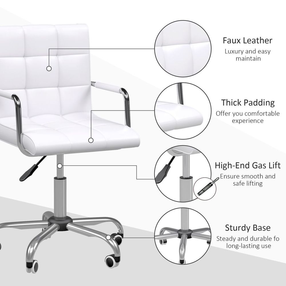 Mid Back PU Leather Home Office Chair Swivel Desk Chair with Arm, Wheel, White - anydaydirect