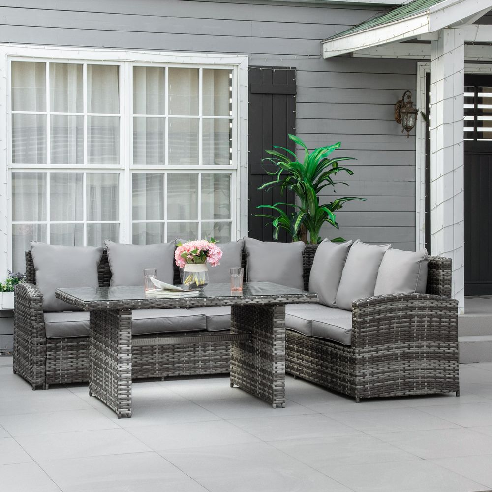 5-Seater Patio Dining Table Sets All Weather PE Rattan Sofa Cushions Grey - anydaydirect