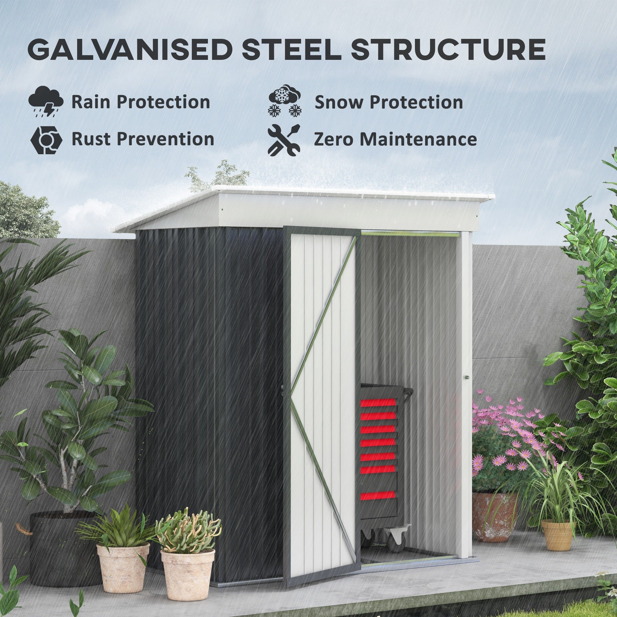 Outsunny Metal Garden Shed, Outdoor Lean-to Shed for Tool Motor Bike, with Adjustable Shelf, Lock, Gloves, 5'x3'x6',  Dark Grey - anydaydirect