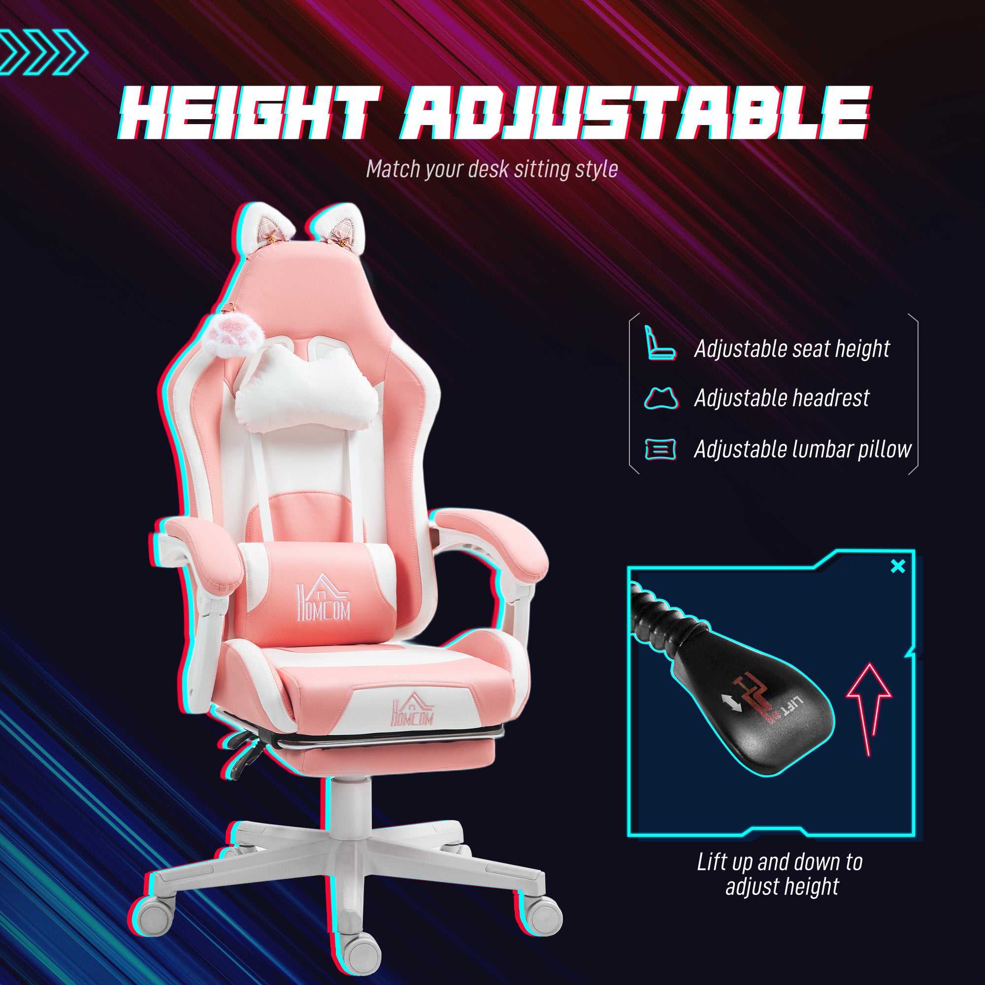 HOMCOM Cat Ear and Paw Reclining Office Chair, with Footrest - Pink/White - anydaydirect