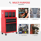 HOMCOM Tool Chest, Metal Tool Cabinet on Wheels with 6 Drawers, Pegboard, Top Chest and Roller Cabinet Combo, 61.6 x 33 x 108cm, Red and Black - anydaydirect
