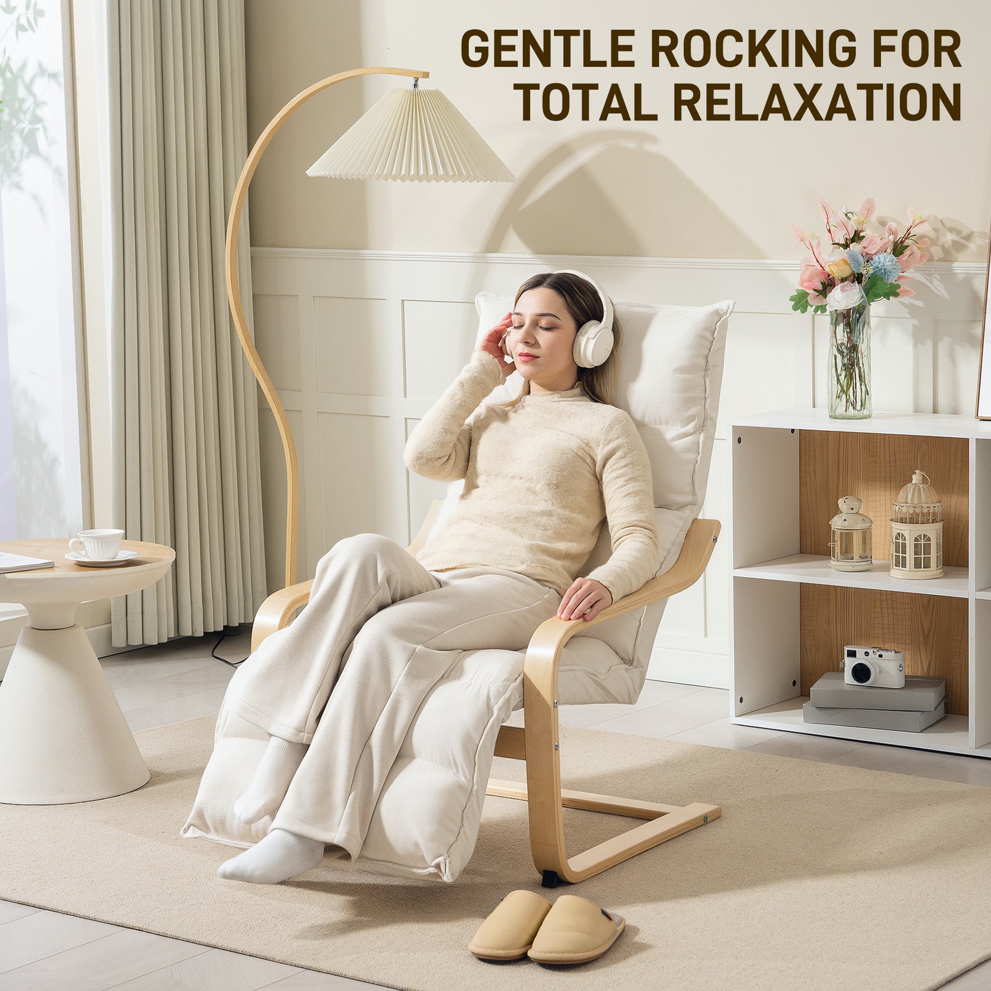 HOMCOM Curved Wooden Accent Chair, with Adjustable Footrest - Cream White - anydaydirect