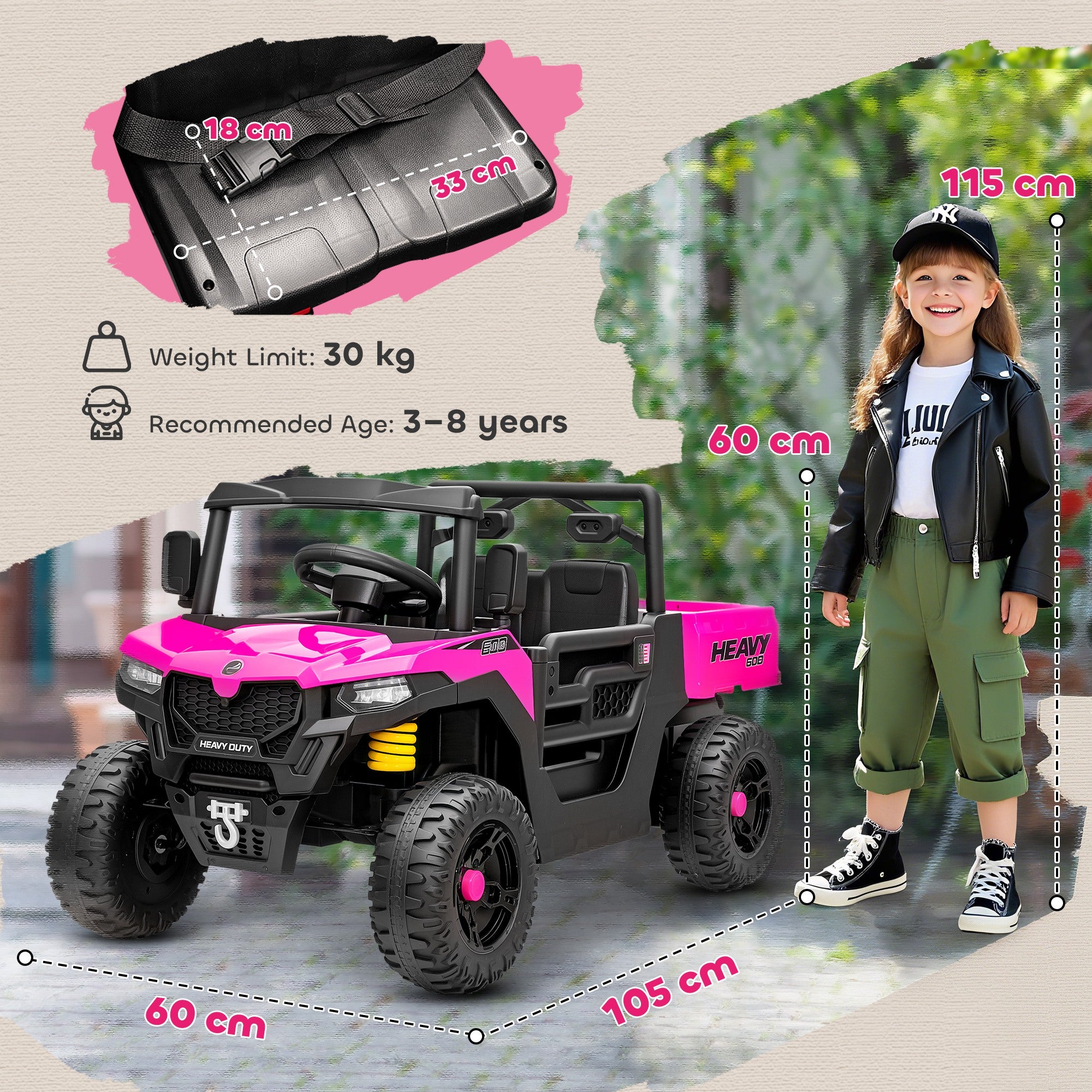 AIYAPLAY Kids Ride on Car, 12V Electric Kids UTV with Electric Dump Bed, 4-Wheel Suspension for 3-8 Years, Pink - anydaydirect
