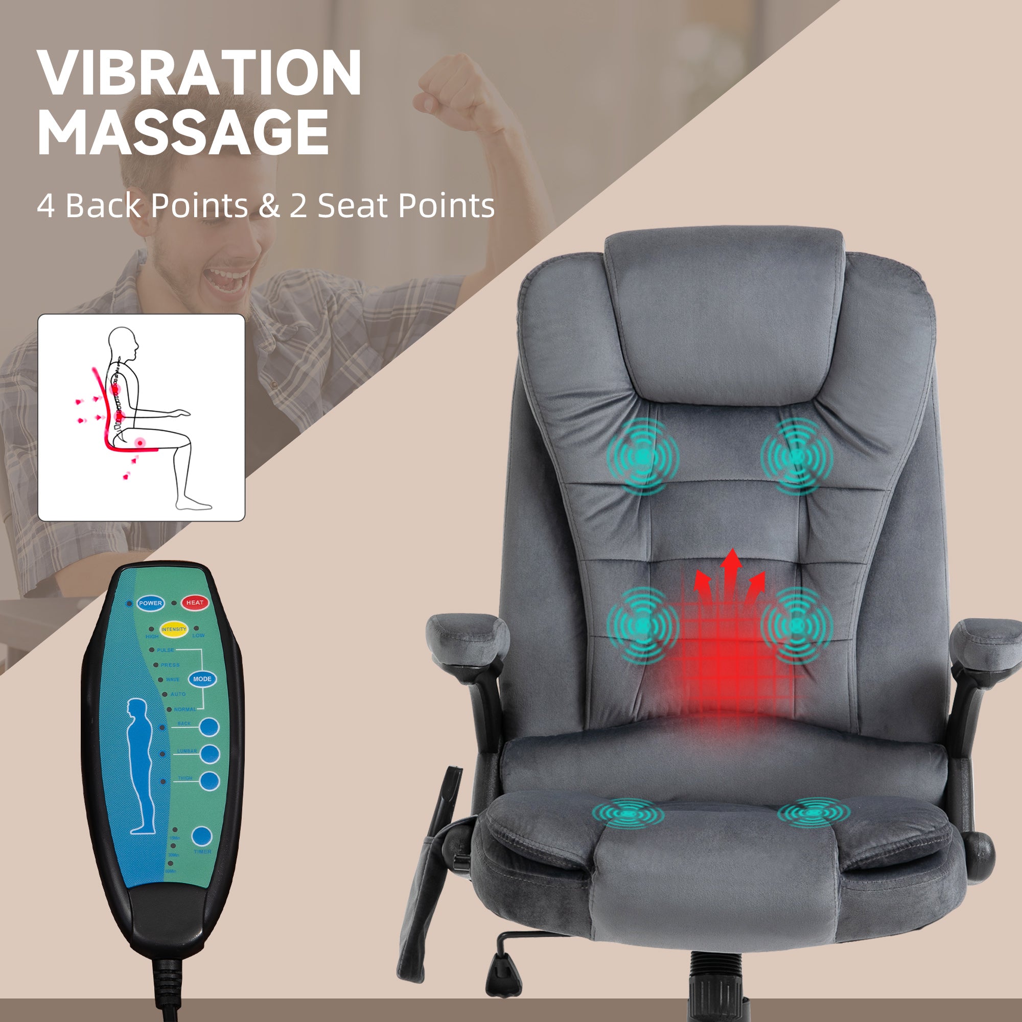 Vinsetto Massage Recliner Chair Heated Office Chair with Six Massage Points Velvet-Feel Fabric 360° Swivel Wheels Grey - anydaydirect