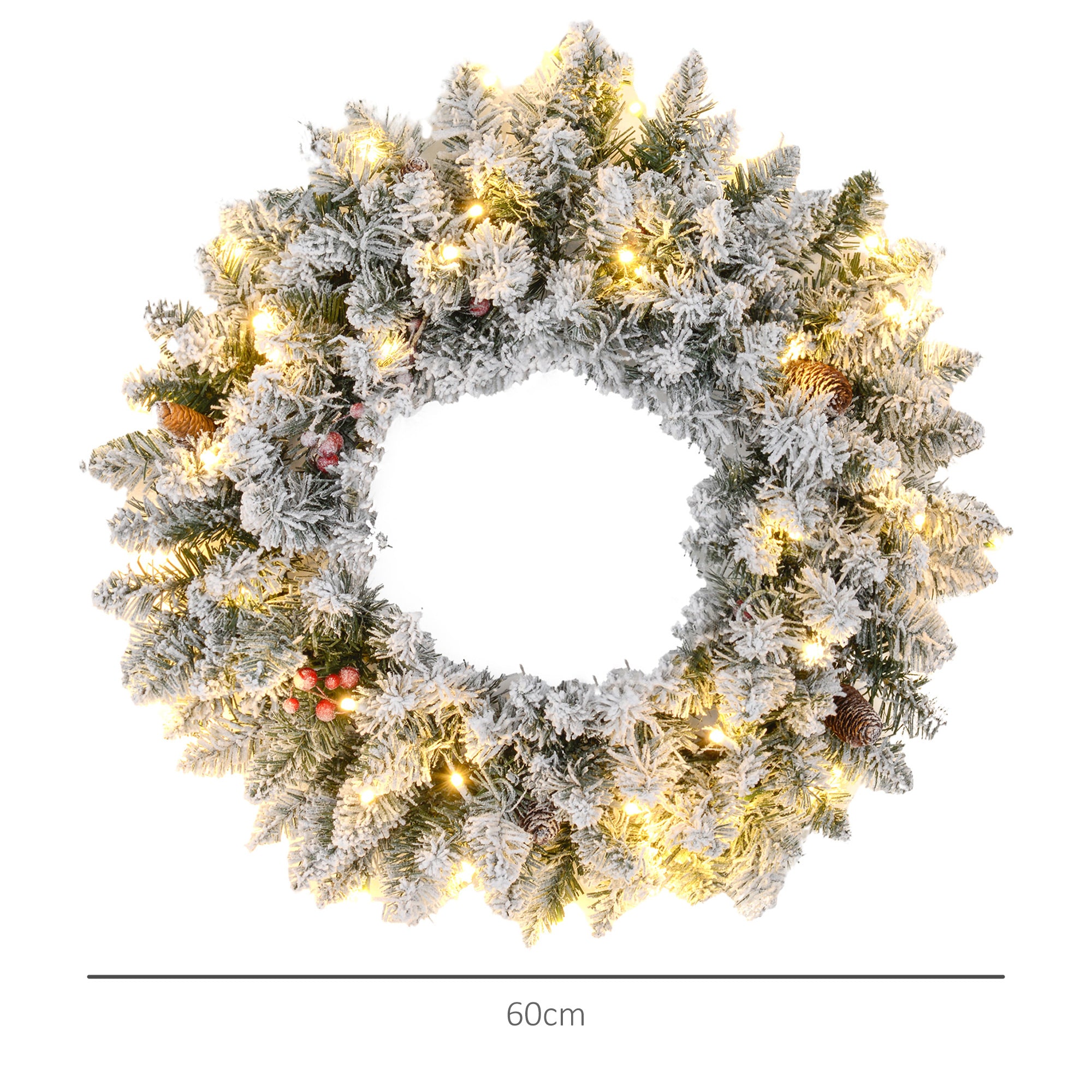 HOMCOM 60cm Pre-Lit Christmas Wreath for Front Door with LED Lights, Pine Cones and Red Berries, Flocked Winter Wreath for Windows, Wall Decoration, Green - anydaydirect