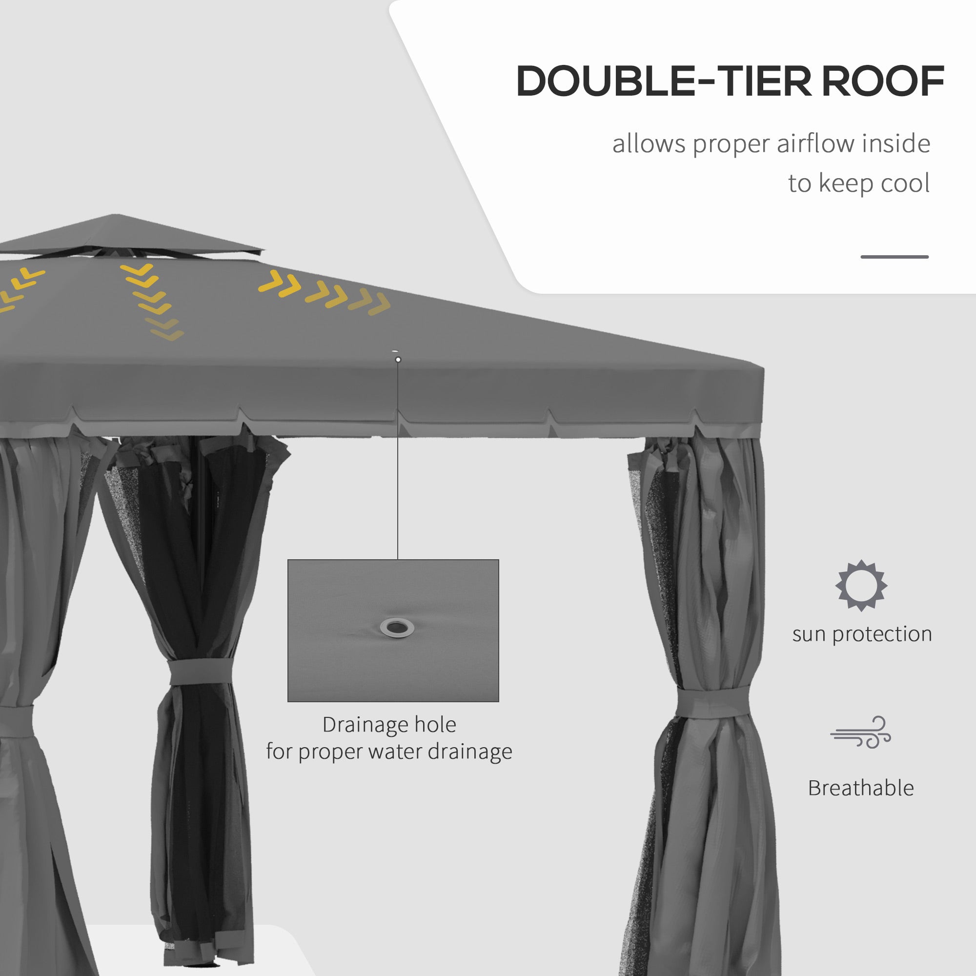 Outsunny 3 x 3(m) Patio Gazebo Canopy Garden Pavilion Tent Shelter Marquee with 2 Tier Water Repellent Roof, Mosquito Netting and Curtains, Aluminium Frame, Dark Grey - anydaydirect