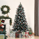 HOMCOM 6FT Artificial Snow Dipped Christmas Tree Xmas Pencil Tree Holiday Home Party Decoration with Foldable Feet Red Berries White Pinecones, Green - anydaydirect