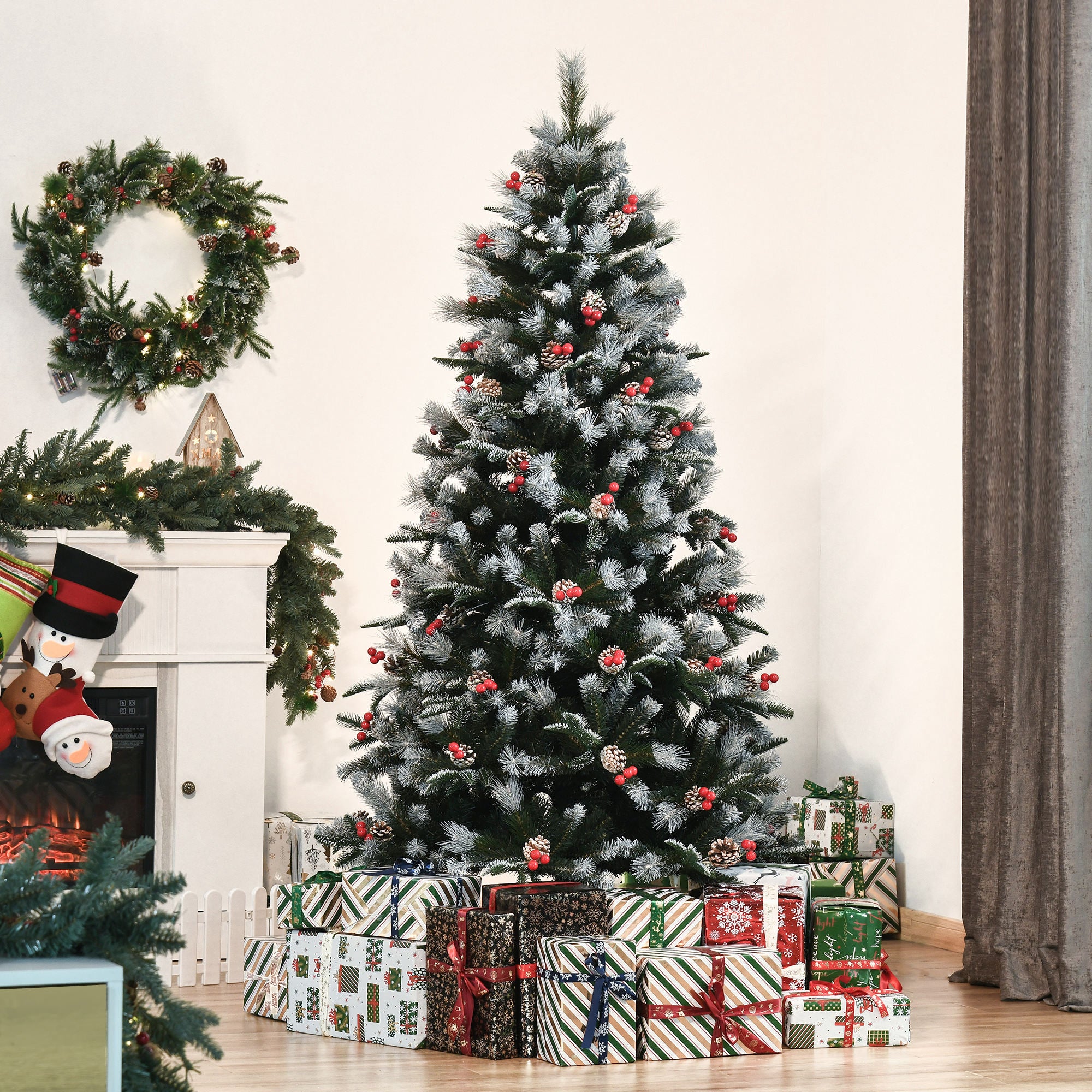 HOMCOM 6FT Artificial Snow Dipped Christmas Tree Xmas Pencil Tree Holiday Home Party Decoration with Foldable Feet Red Berries White Pinecones, Green - anydaydirect