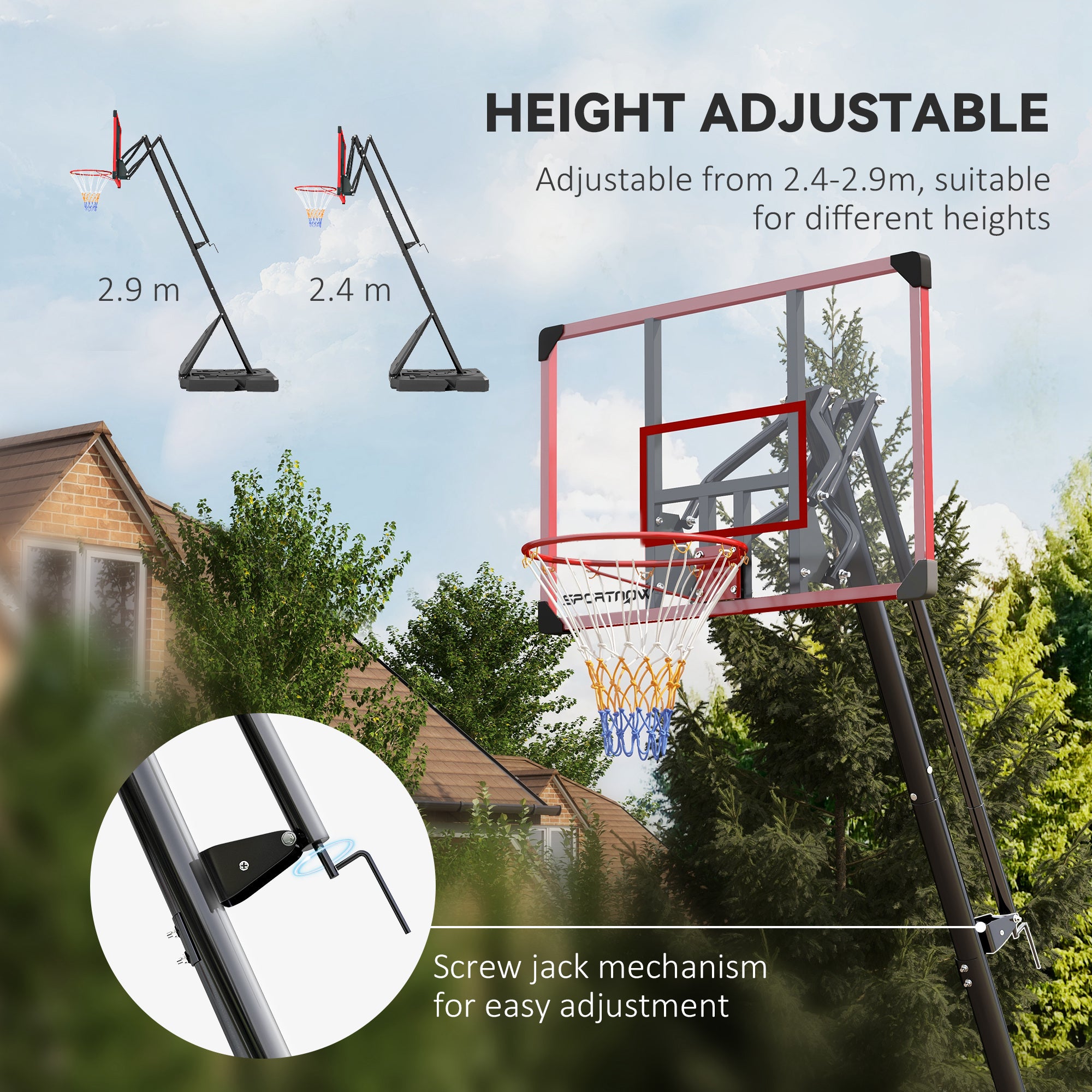 SPORTNOW 2.4-2.9m Adjustable Basketball Hoop and Stand with Weighted Base, Portable on Wheels, Red - anydaydirect