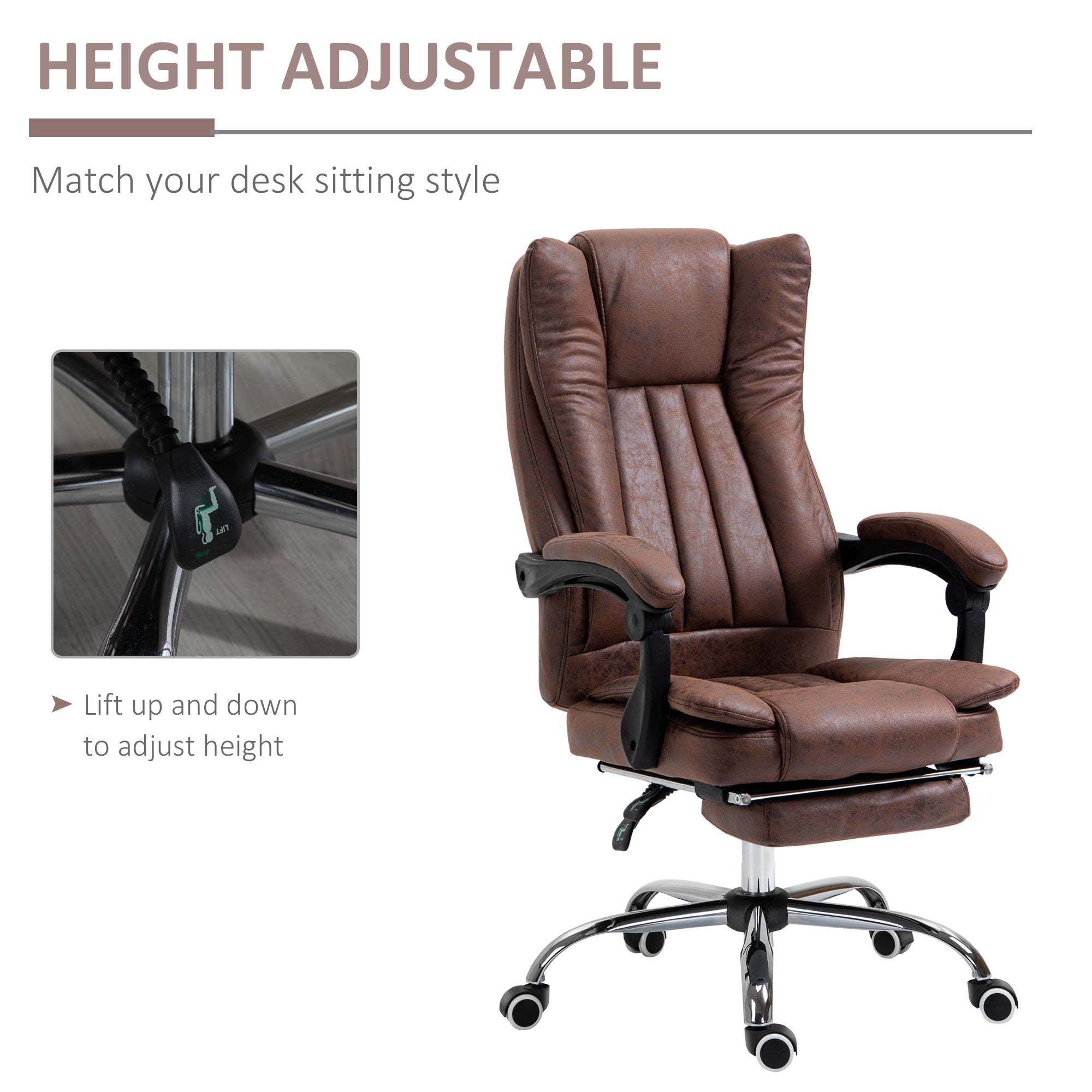 Vinsetto Home Office Chair Microfibre Desk Chair with Reclining Function Armrests Swivel Wheels Footrest Brown - anydaydirect