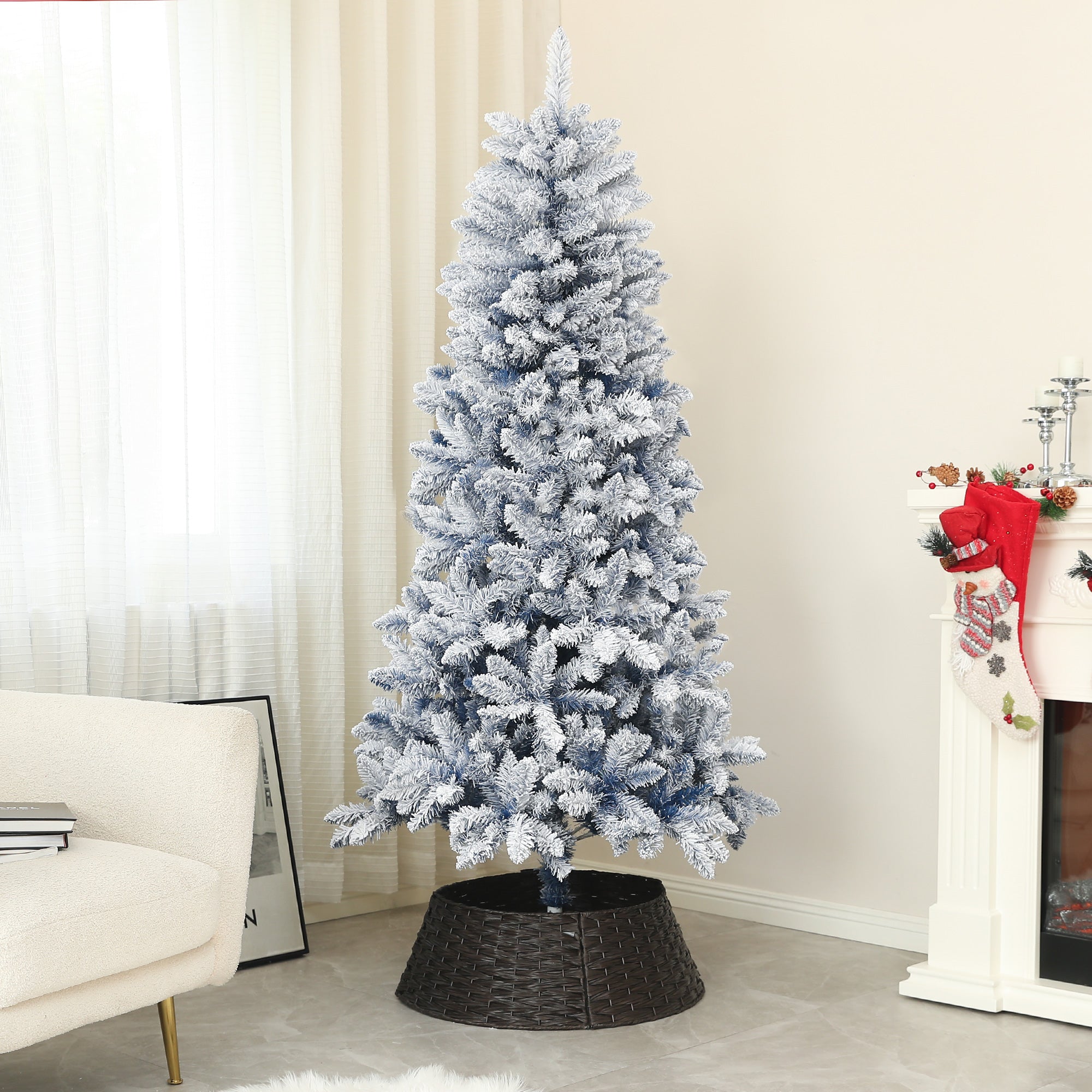 HOMCOM 6ft Flocked Artificial Christmas Tree with 700 Snow Frosted Tips, Metal Stand, Snowy Hinged Xmas Tree, Blue - anydaydirect