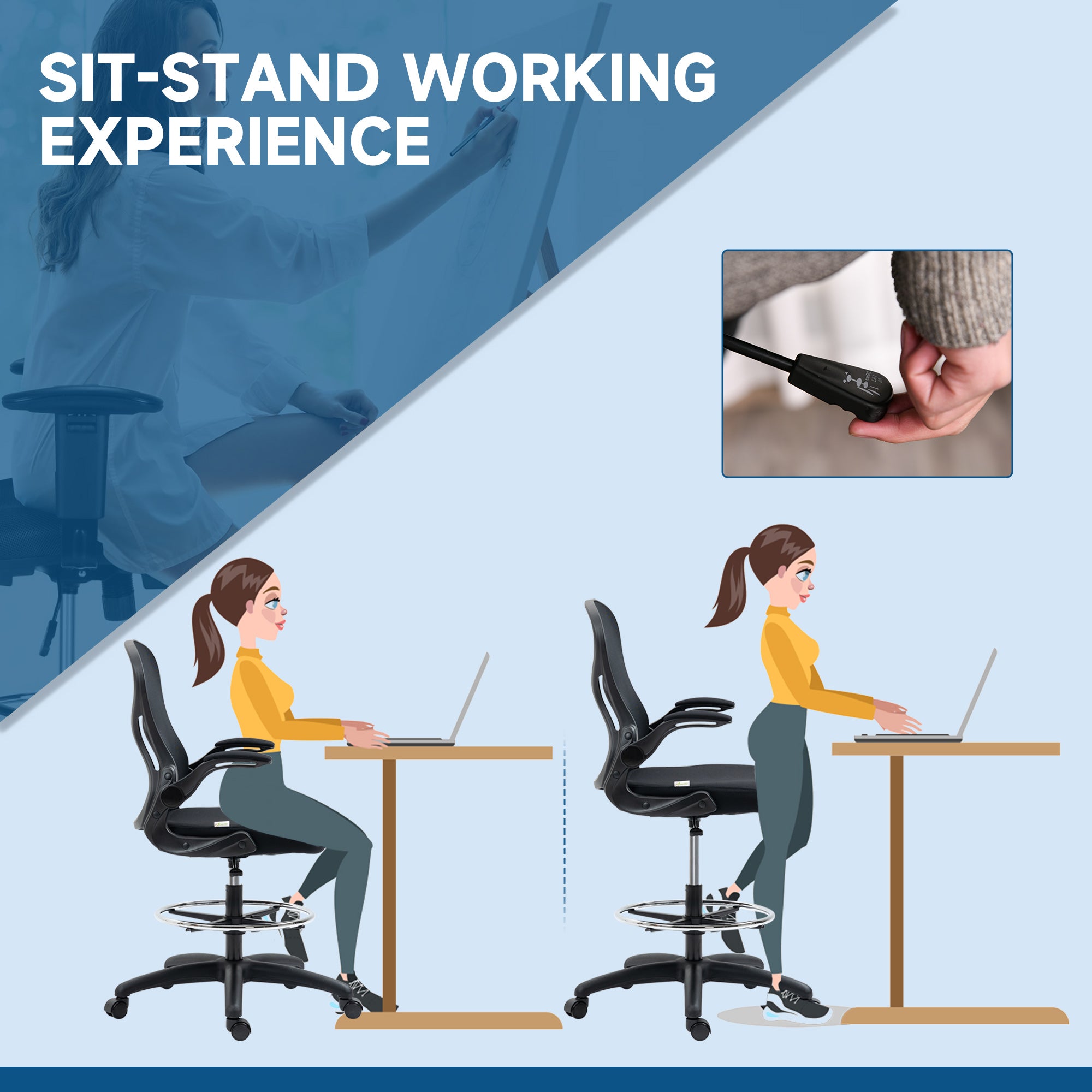 Vinsetto Adjustable Mesh Standing Desk Chair with Flip-up Armrests Lumbar Support Armrests Adjustable Footrest Ring Black - anydaydirect