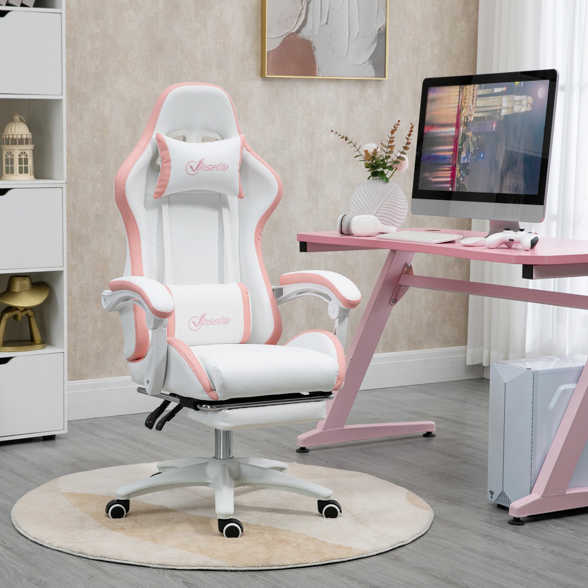 Vinsetto Computer Gaming Chair, PU Leather Desk Chair with Footrest, Swivel Task Chair with 135° Reclining Back and Lumbar Support, PC Chair for Adults, White and Pink - anydaydirect