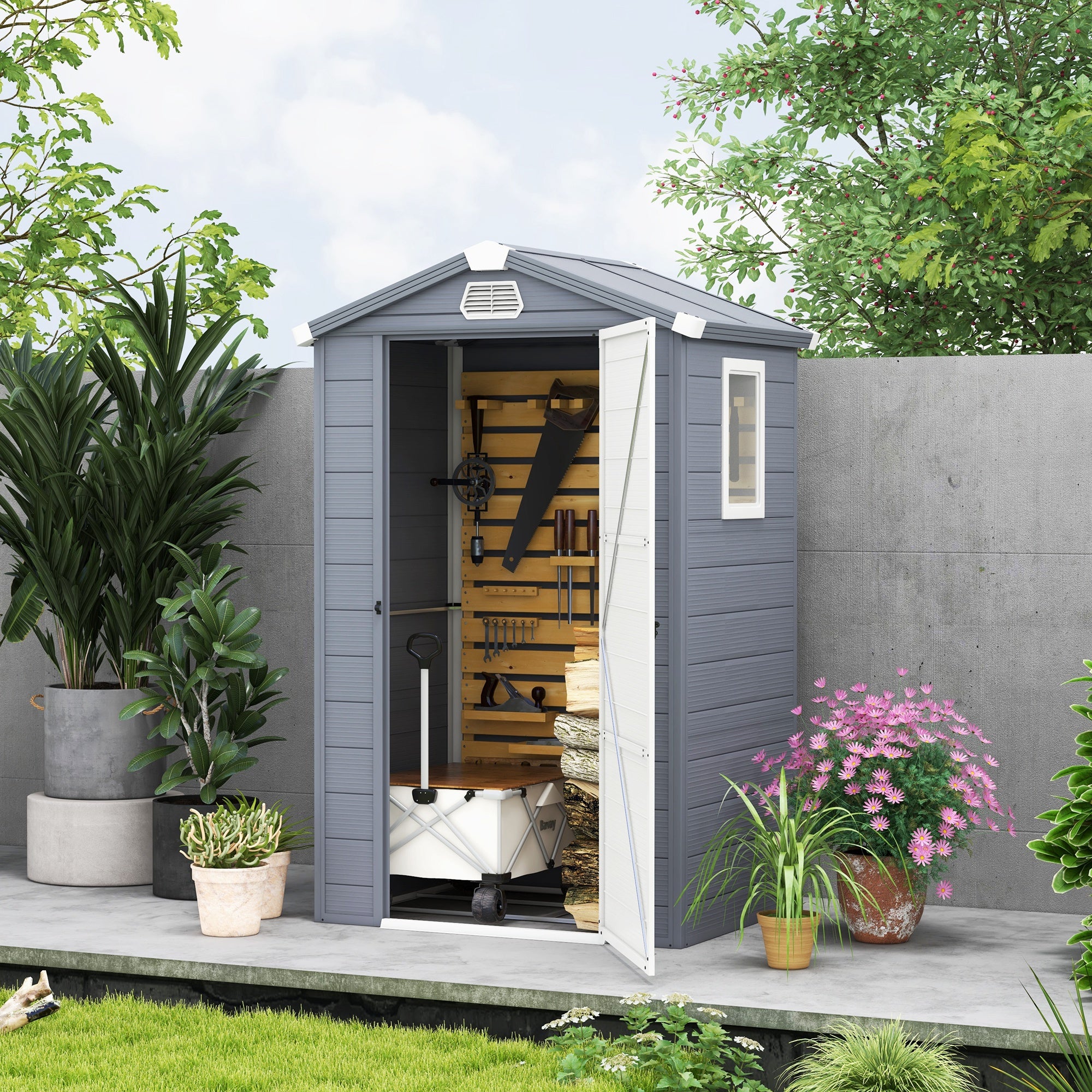 Outsunny 4 x 3ft Garden Shed with Foundation Kit, Polypropylene Outdoor Storage Tool House with Ventilation Slots and Lockable Door, Grey - anydaydirect
