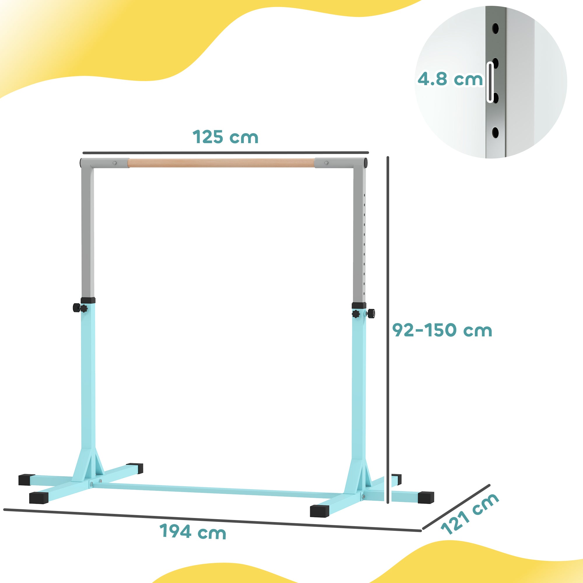 HOMCOM Height Adjustable Gymnastics Horizontal Bar for Kids, Children Junior Kip High Bar Fitness, Light Blue - anydaydirect