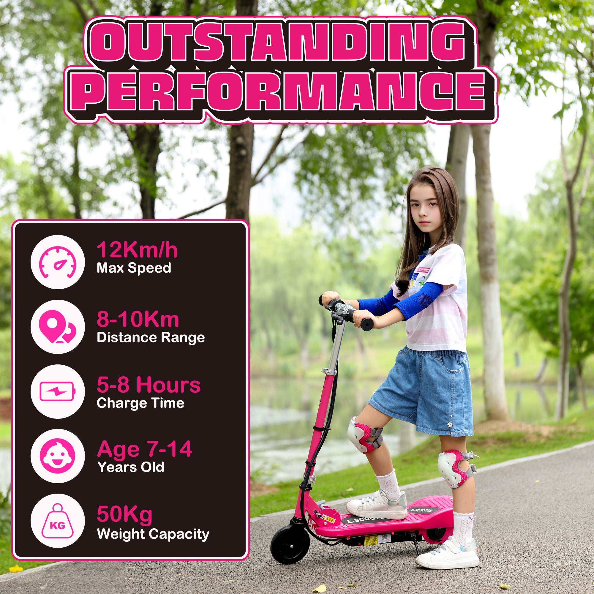 HOMCOM Folding Electric Kids Scooter Ride on Age 7-14, Pink - anydaydirect