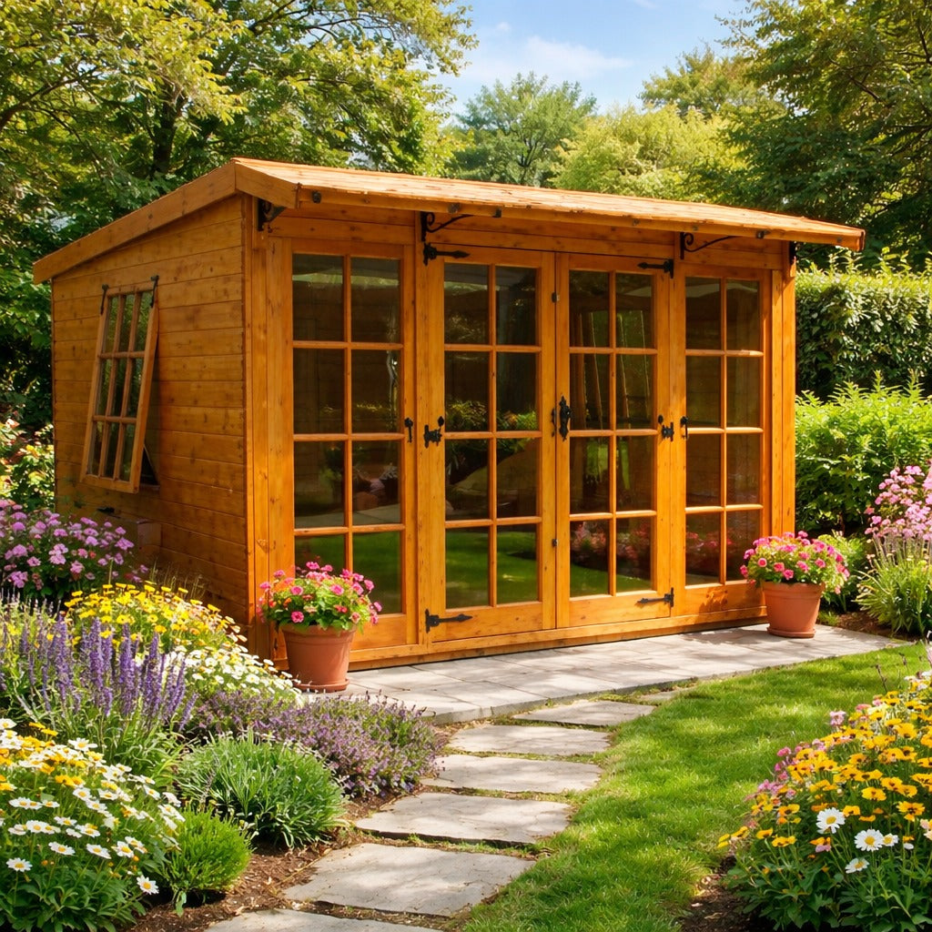 Carlton Wooden Garden Summerhouse Shed with elegant double doors and traditional design