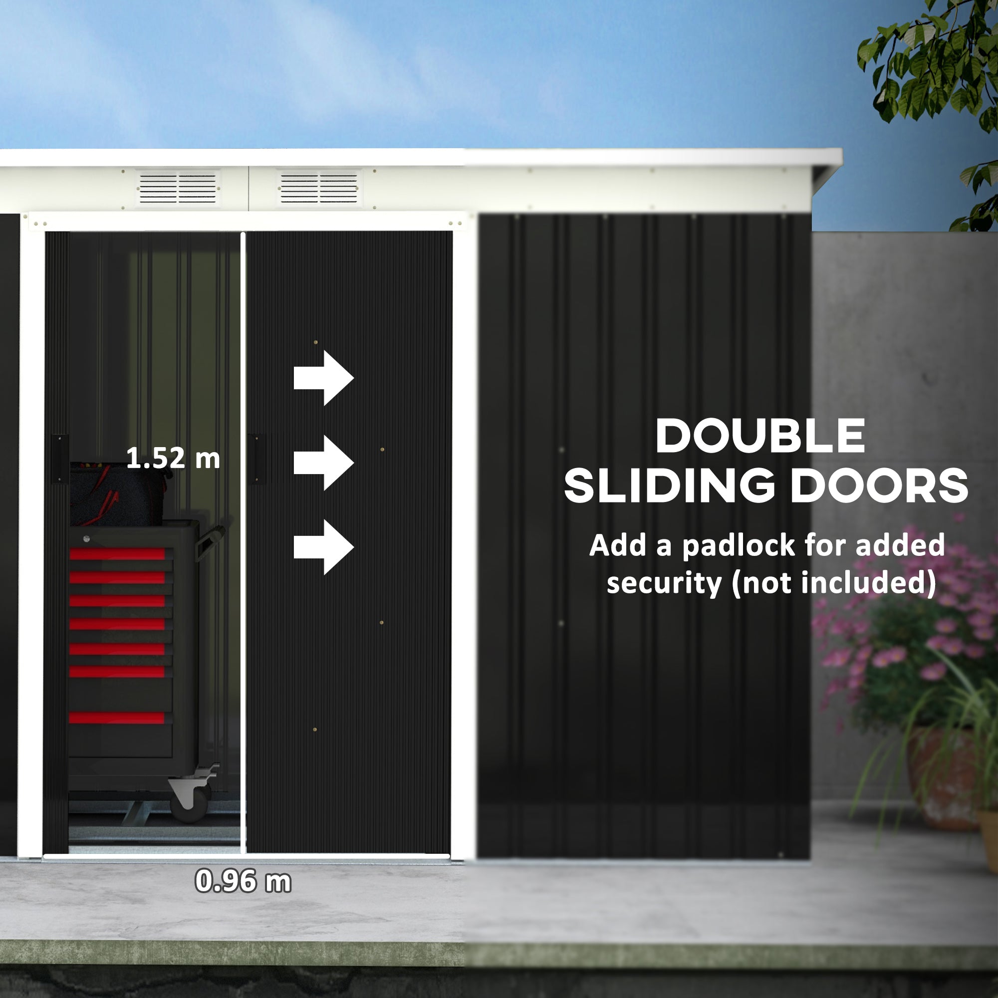 Outsunny 9 x 4 ft Metal Garden Storage Shed Patio Corrugated Steel Roofed Tool Box with Base, Kit Ventilation and Doors, Dark Grey - anydaydirect