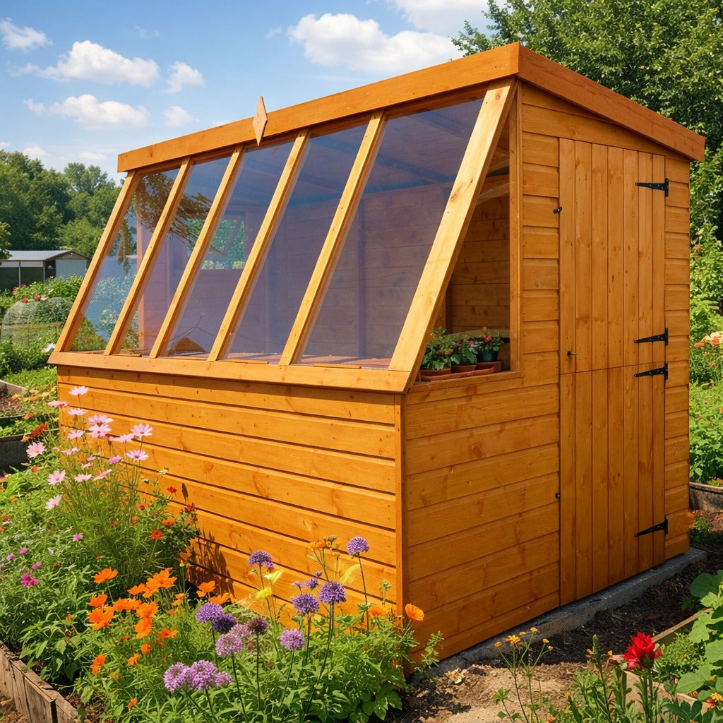 Traditional Wooden Garden Potting Shed Greenhouse with a combination of shed and greenhouse features