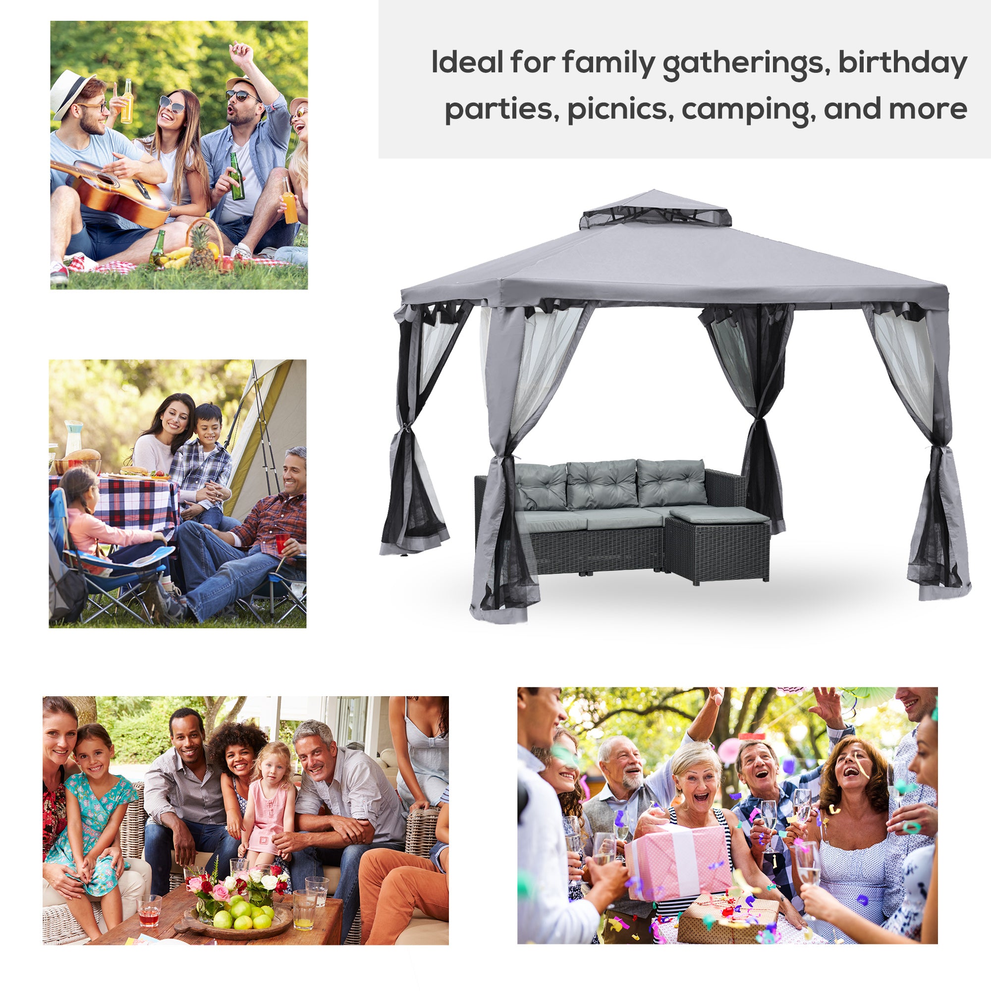 Outsunny 3 x 3 m Metal Gazebo, Garden Pavillion, Double Roof Outdoor Canopy Shelter with Mesh Sidewalls, Grey - anydaydirect