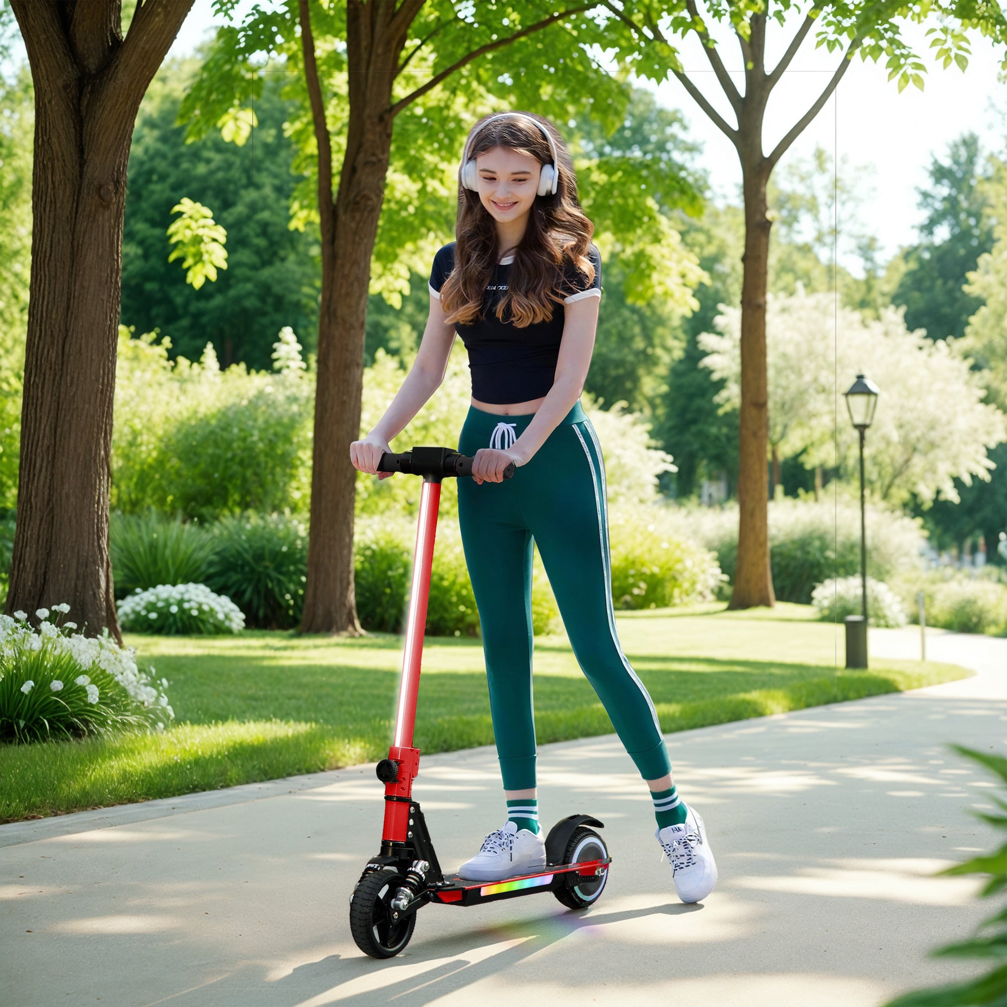 SPORTNOW Folding Electric Scooter for Kids Age 6-14 with Dual Brakes, Front Suspension, LED Colourful Lights and Display, 6.8kg Lightweight Aluminium E Scooter, Up to 14 KM/H & 6 KM, Red - anydaydirect