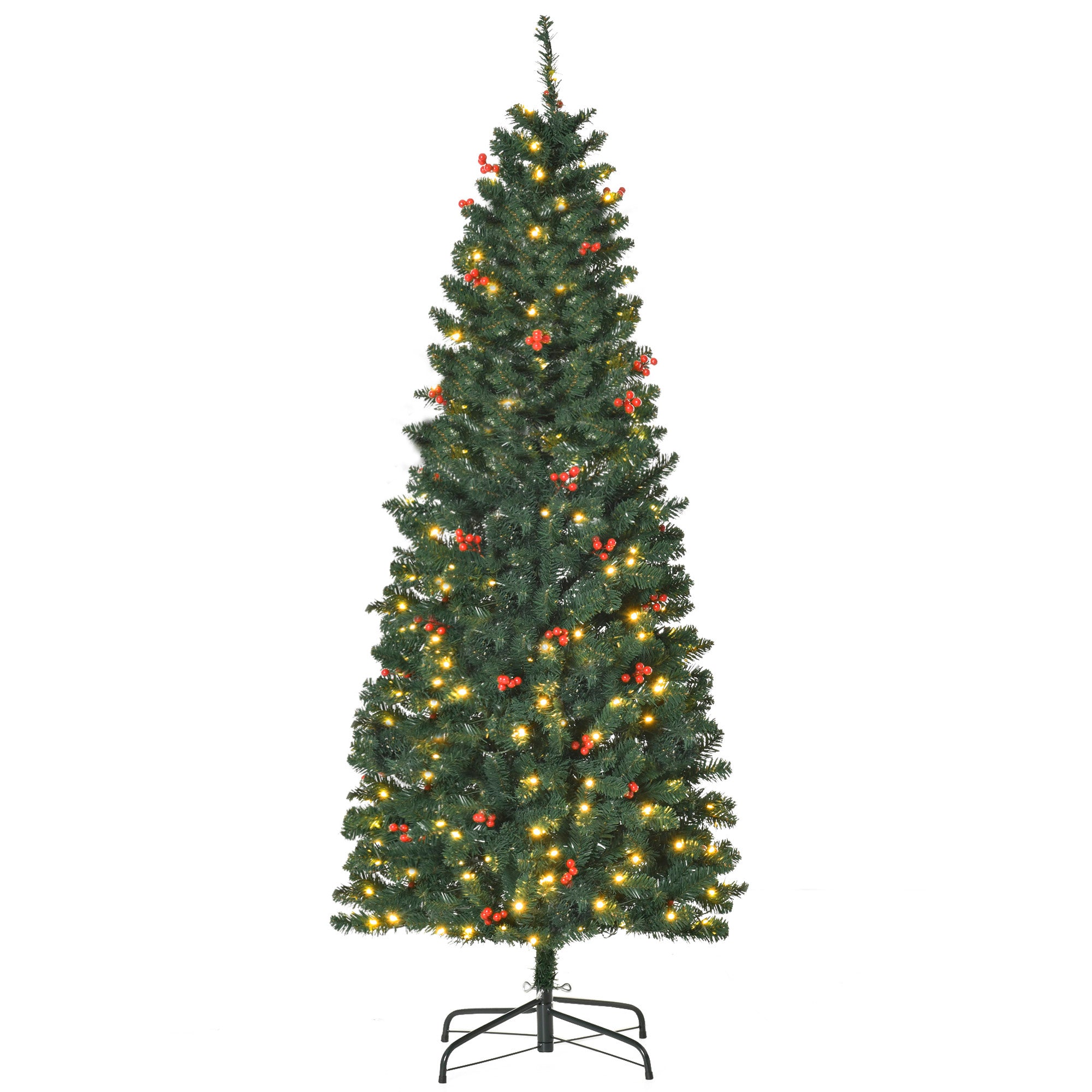 HOMCOM 6FT Prelit Artificial Pencil Christmas Tree with Warm White LED Light, Red Berry, Holiday Home Xmas Decoration, Green - anydaydirect