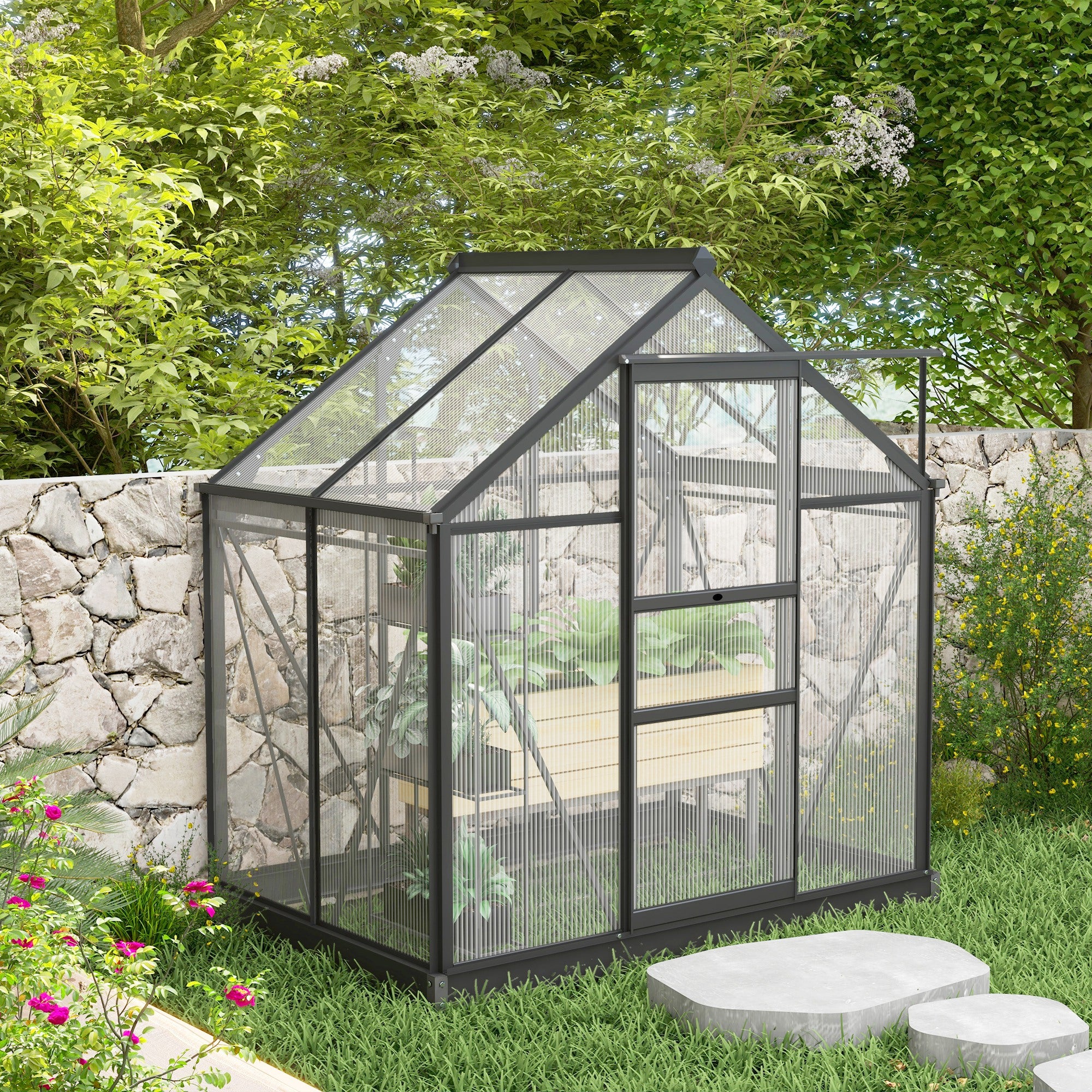 Outsunny 6 x 4ft Polycarbonate Greenhouse, Large Walk-In Green House with Slide Door and Window, Garden Plants Grow House with Aluminium Frame and Foundation, Grey - anydaydirect