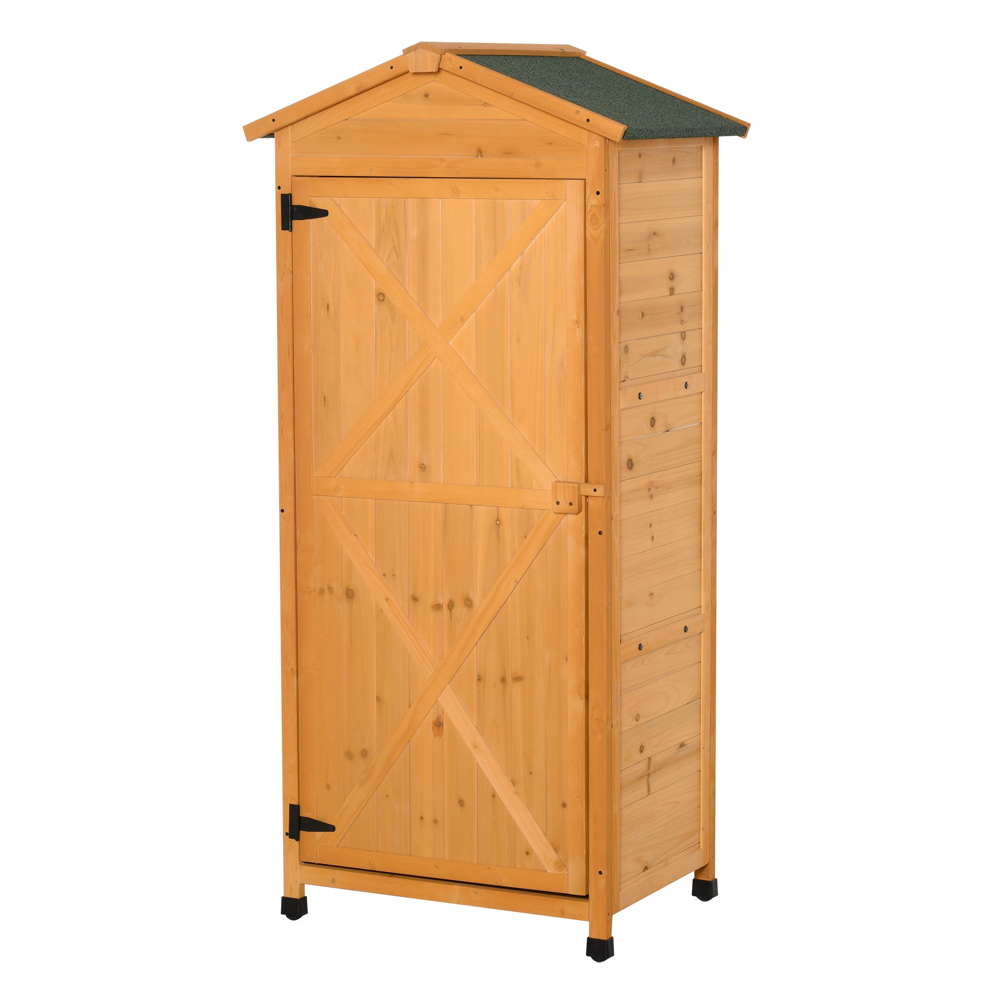 Outsunny Wooden Garden Cabinet 3-Tier Storage Shed 2 Shelves Lockable Organizer with Hooks Foot Pad 74 x 55 x 155cm Dark Yellow - anydaydirect