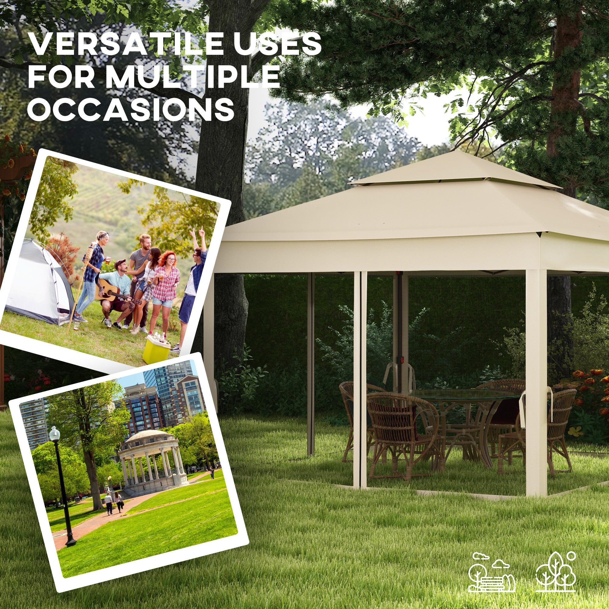 Outsunny 3 x 3(m) Pop Up Gazebo, Double-roof Garden Tent with Netting and Carry Bag, Party Event Shelter for Outdoor Patio, Cream White - anydaydirect