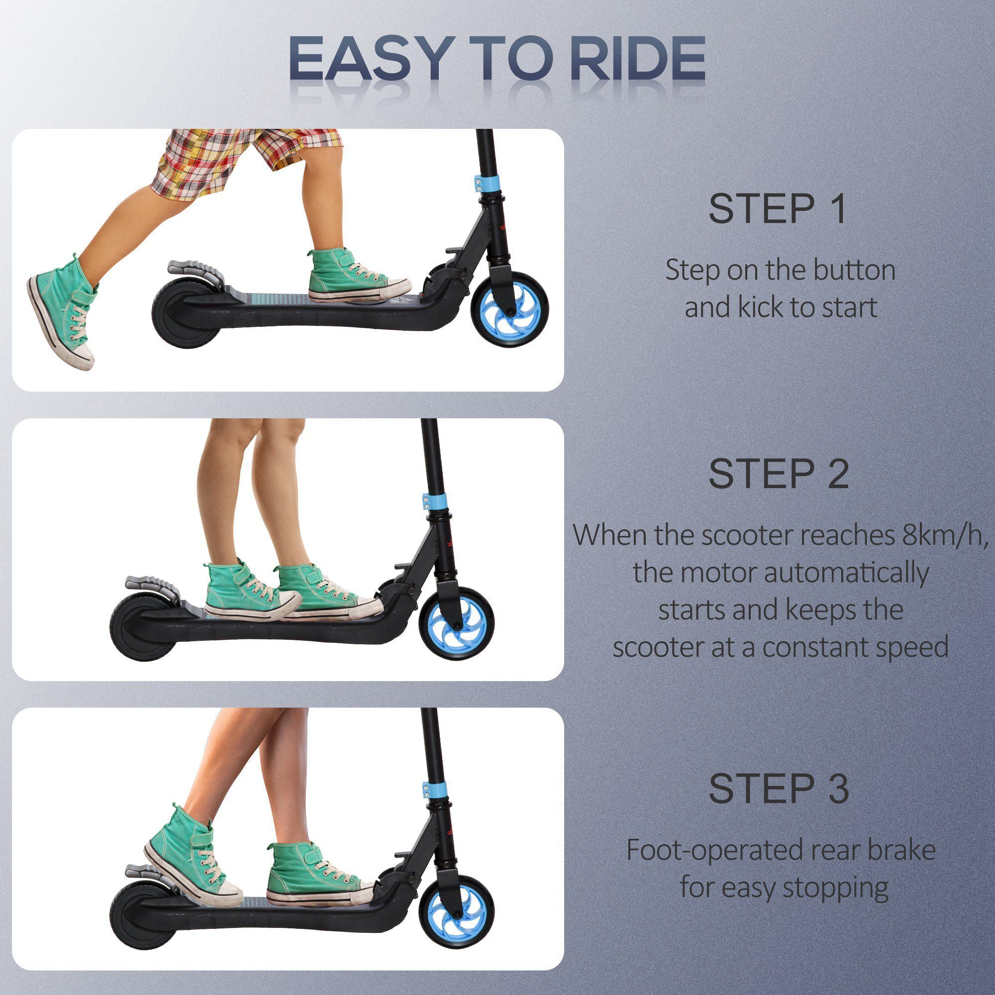 HOMCOM Folding Electric Scooter Adult E Scooter, 120W, with Rear Wheel Brake, 8km/h Maximum Speed, for Ages 6+ Years Old, Sky Blue - anydaydirect
