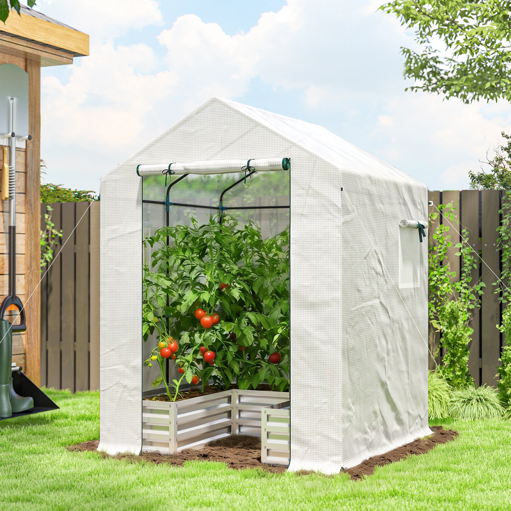 Outsunny Small Greenhouse with Raised Garden Bed, Galvanised Walk-in Greenhouse with Roll Up Windows, 141 x 141 x 190 cm, White - anydaydirect