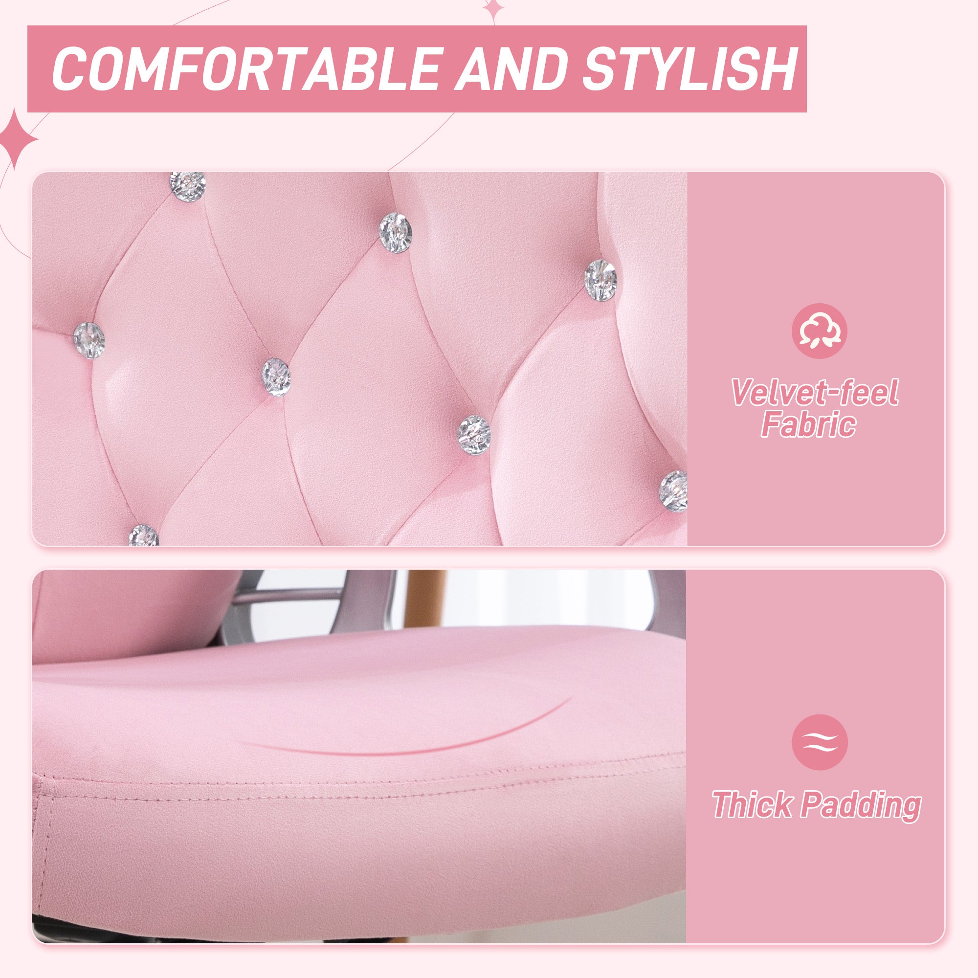 Vinsetto Velvet-Feel Work Chair, with Diamante Back - Pink - anydaydirect