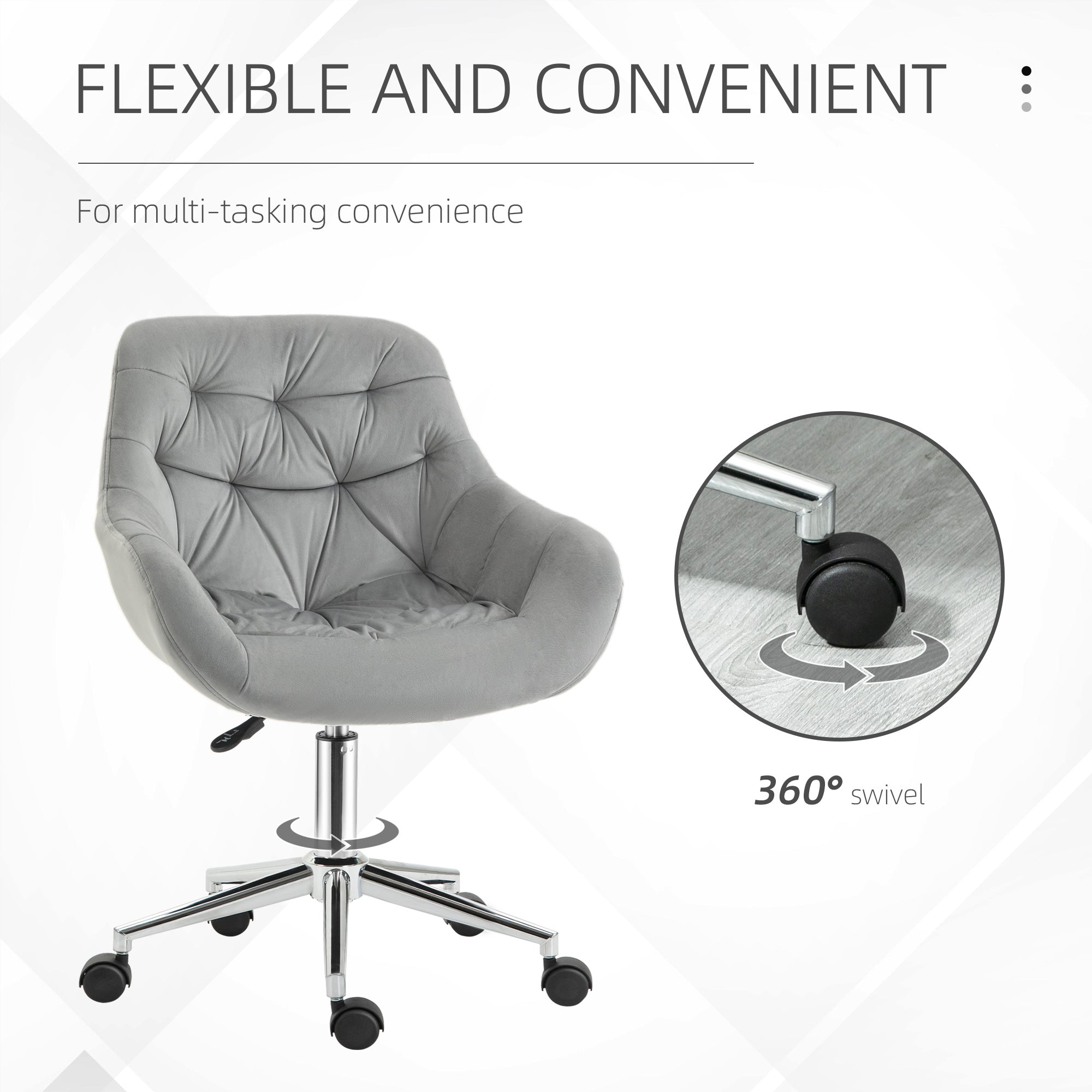 Vinsetto Home Office Chair Velvet Ergonomic Computer Chair Comfy Desk Chair with Adjustable Height, Arm and Back Support, Grey - anydaydirect