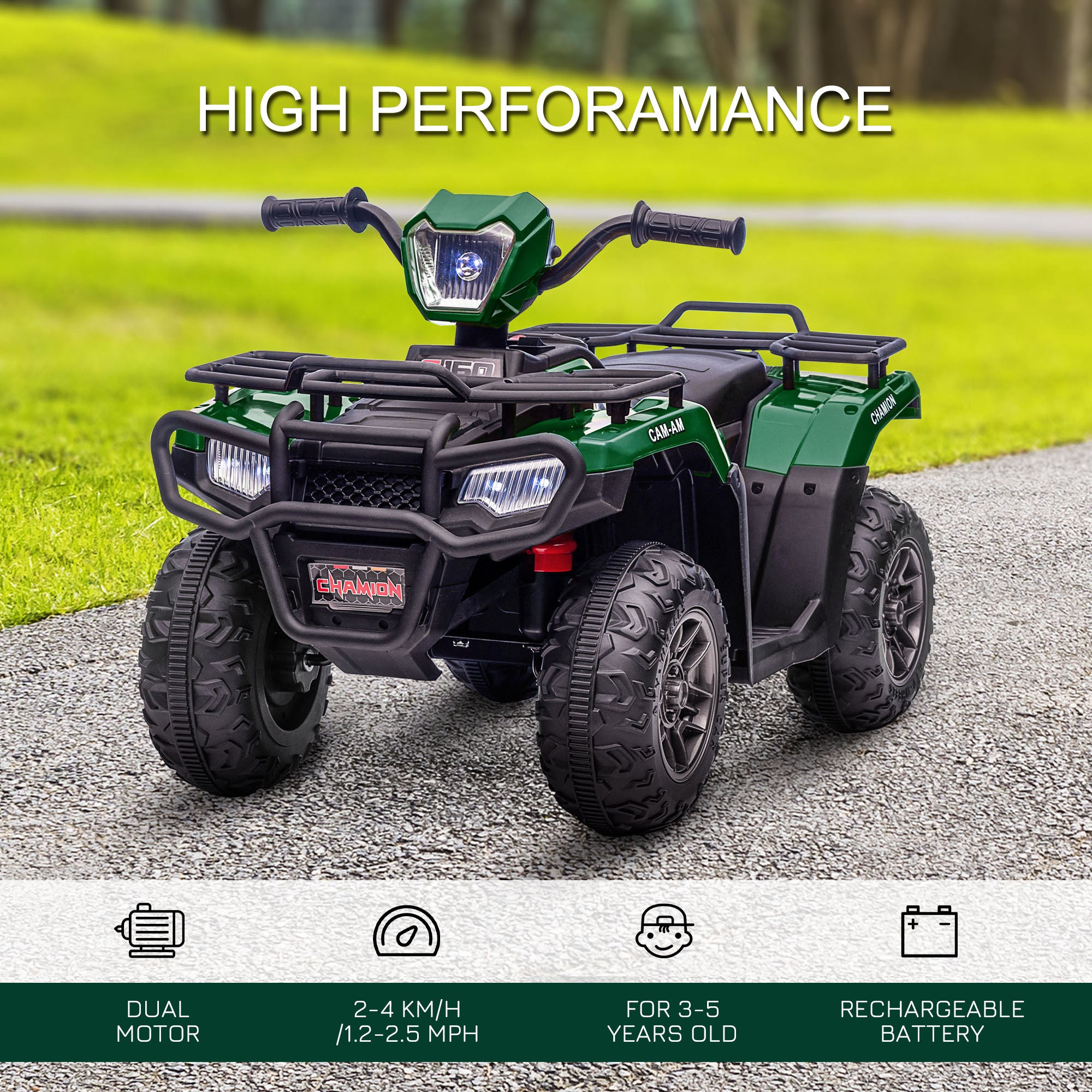 HOMCOM 12V Kids Quad Bike with Forward Reverse Functions, Electric Ride On ATV with Music, LED Headlights, for Ages 3-5 Years - Green - anydaydirect
