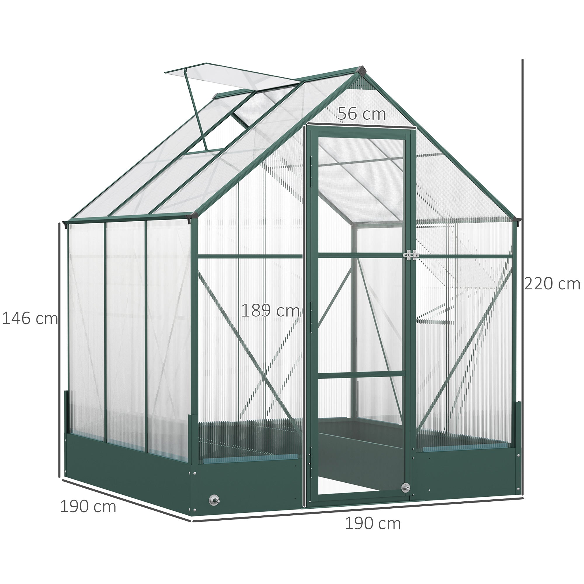 Outsunny Garden Walk-in Aluminium Greenhouse Polycarbonate with Plant Bed, Temperature Controlled Window, Foundation, 6 x 6ft - anydaydirect