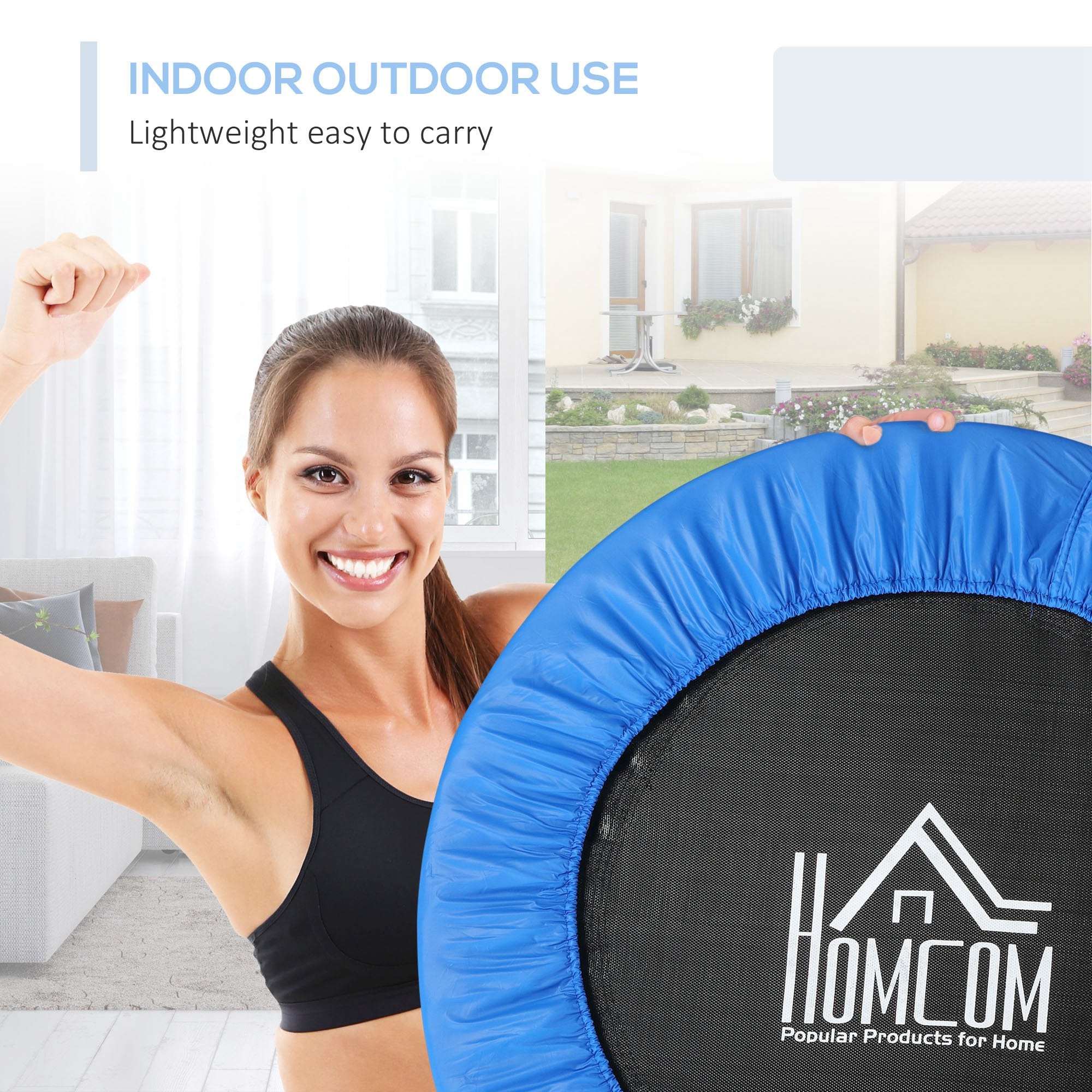 HOMCOM ?96cm Mini Fitness Trampoline Home Gym Yoga Exercise Rebounder Indoor Outdoor Jumper with Safety Pad, Support Up to 100 KG, Blue and Black - anydaydirect