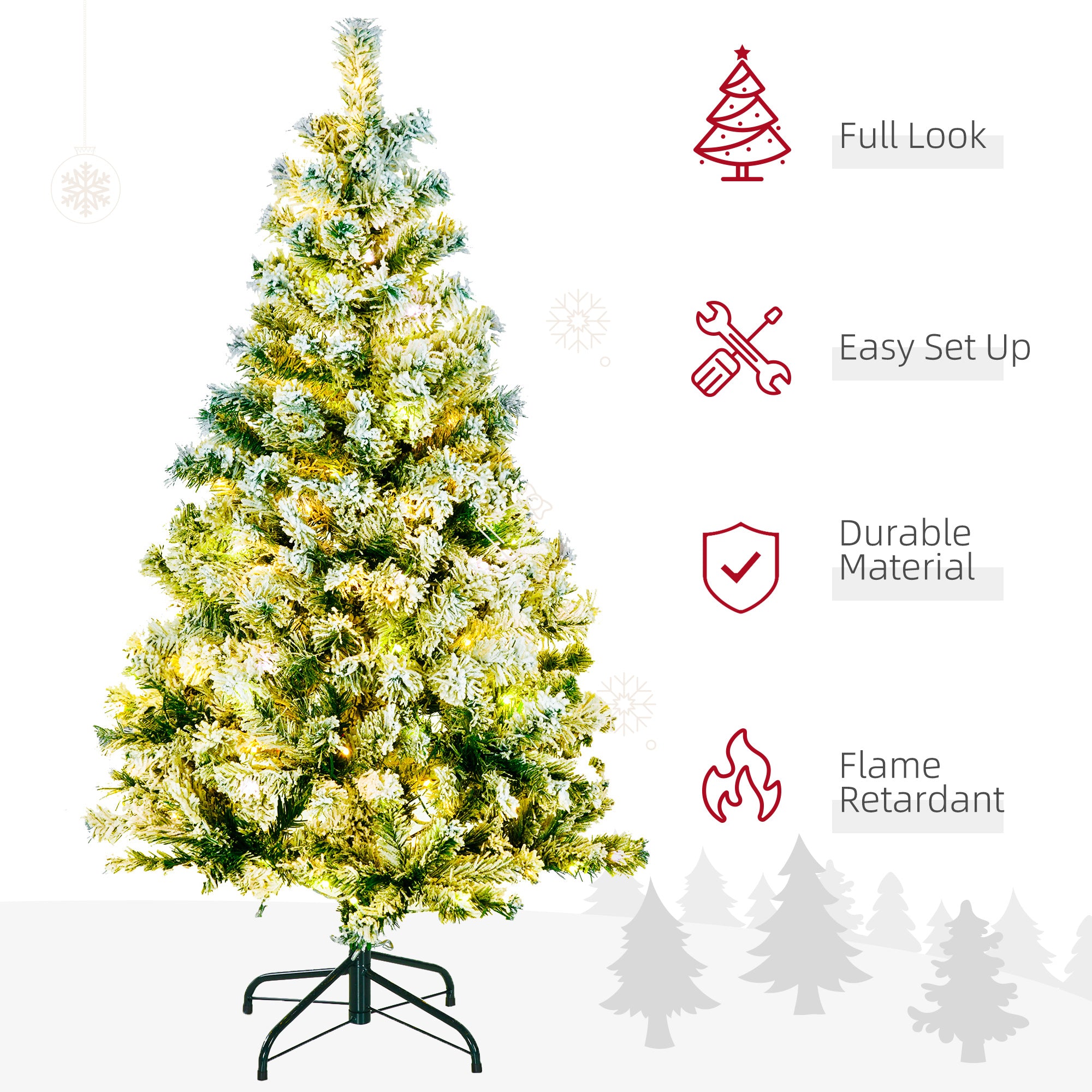 HOMCOM 4.5' Artificial Snow Christmas Trees with Frosted Branches, Warm White or Colourful LED Lights, Steel Base - anydaydirect