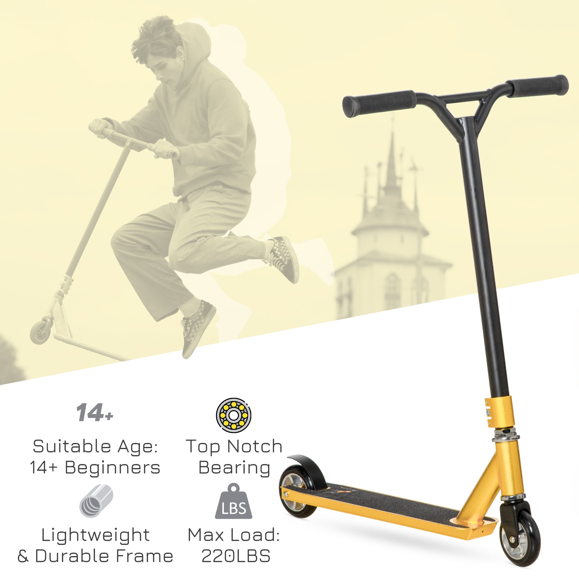 HOMCOM Stunt Scooter, 360° Entry Level Tricks Scooter w/ Lightweight Aluminium Deck and ABEC 7 Bearing, For Age 14+ Beginners, Gold Tone - anydaydirect